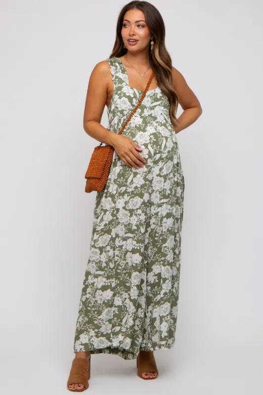Light Olive Floral Ruffle Strap Maternity Jumpsuit sold by Pinkblush
