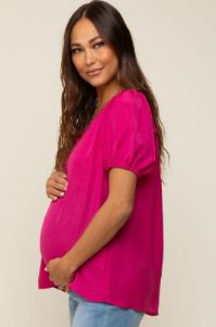 Fuchsia Puff Sleeve Maternity Blouse sold by Pinkblush