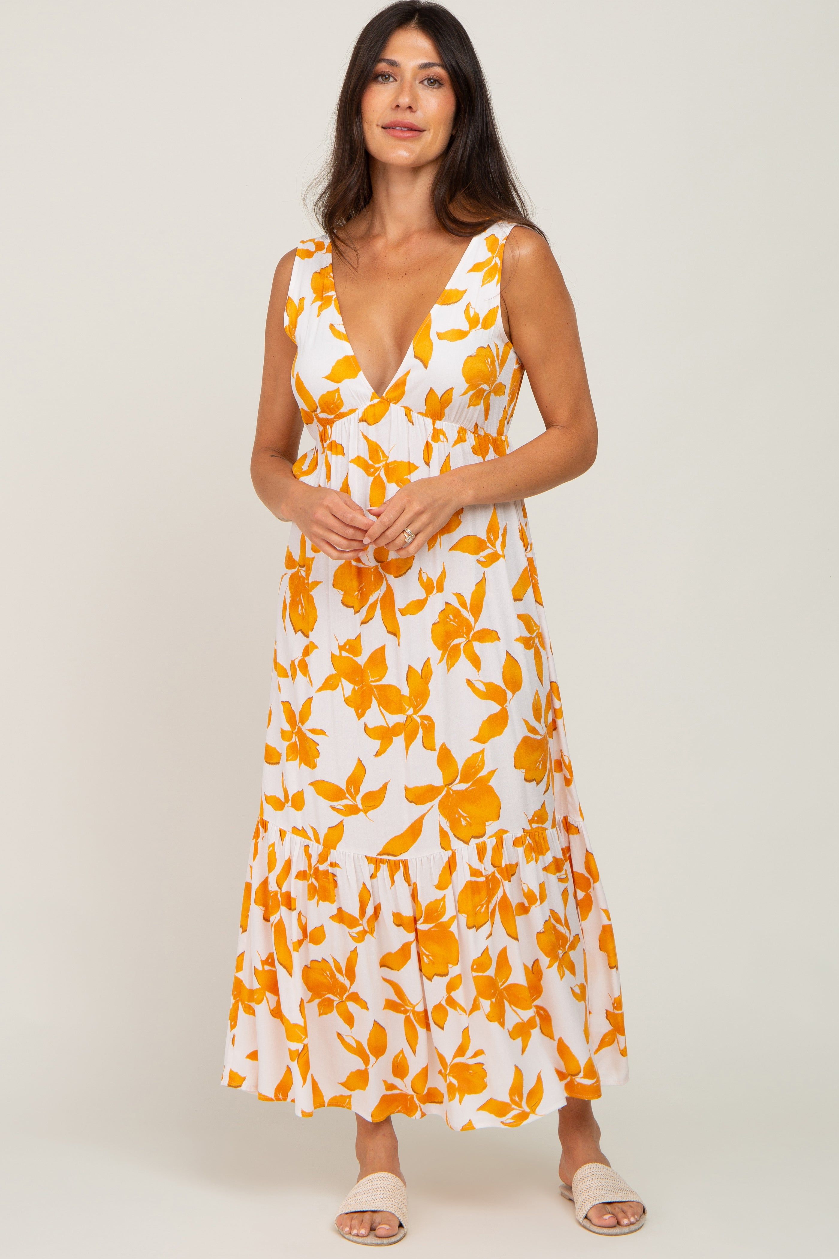 Orange Leaf Print Sleeveless Maxi Dress sold by Pinkblush