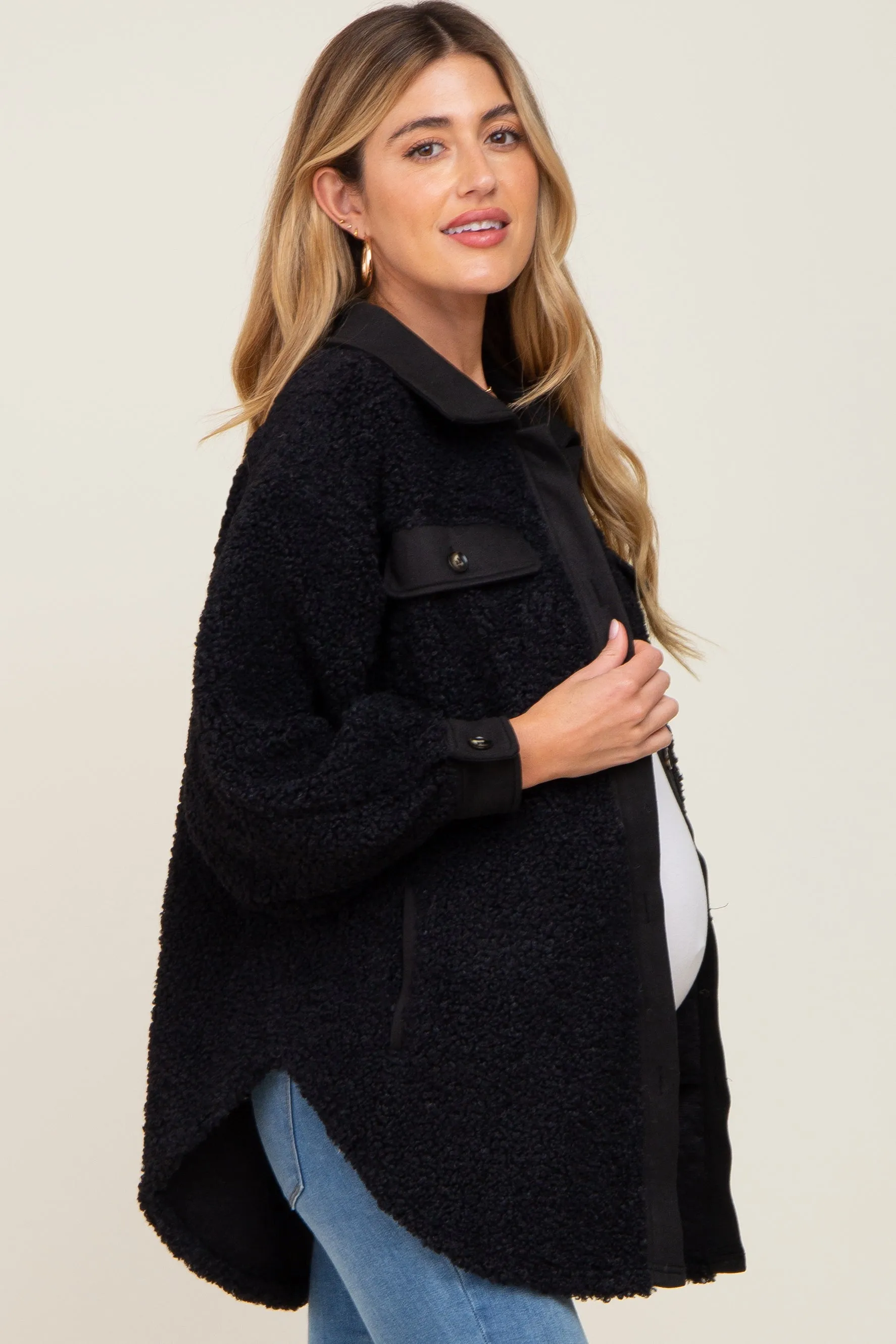 Black Contrast Oversized Sherpa Maternity Coat sold by Pinkblush product image thumbnail 2