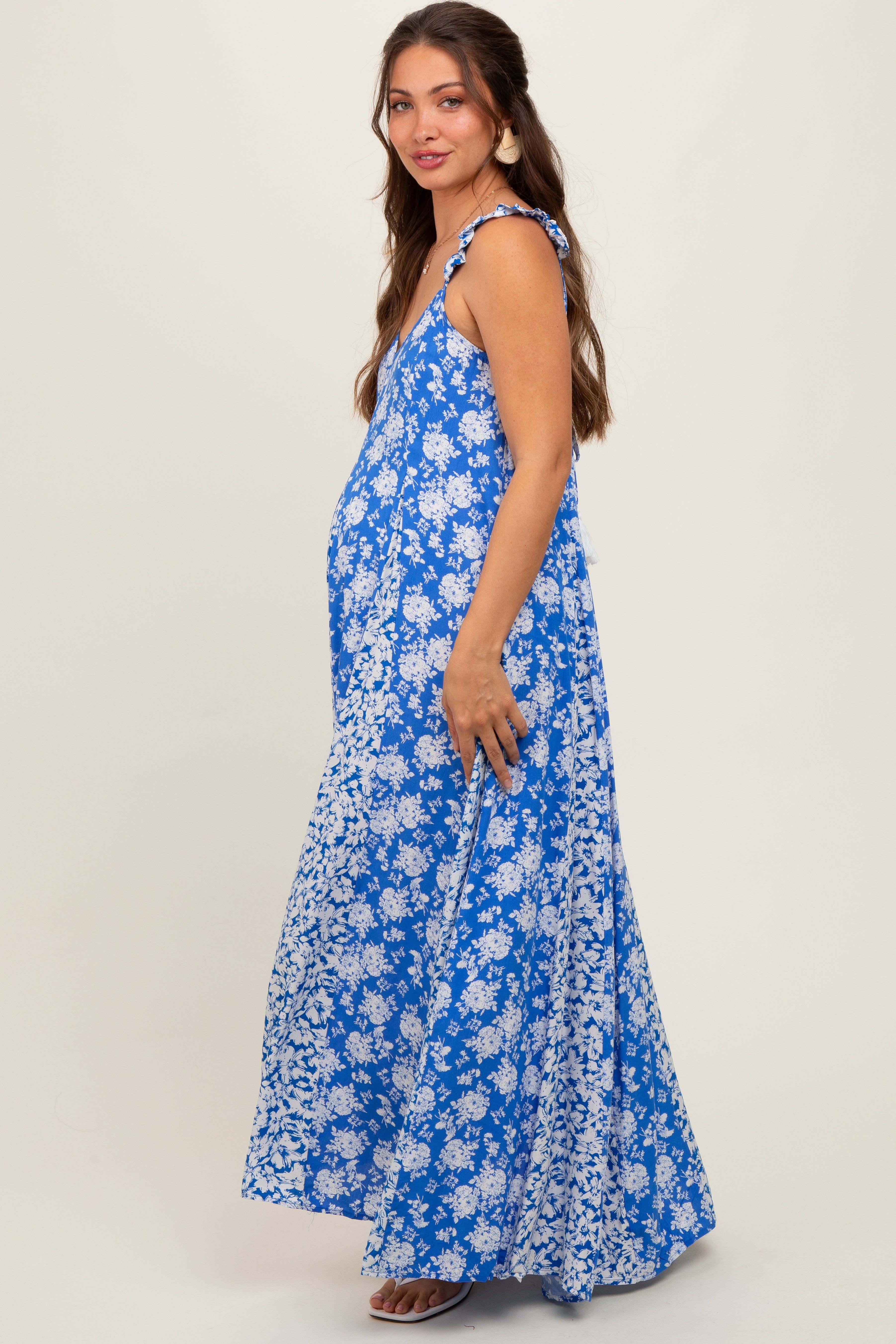 Royal Blue Floral Ruffle Shoulder Cut-Out Back Maternity Maxi Dress sold by Pinkblush product image thumbnail 2