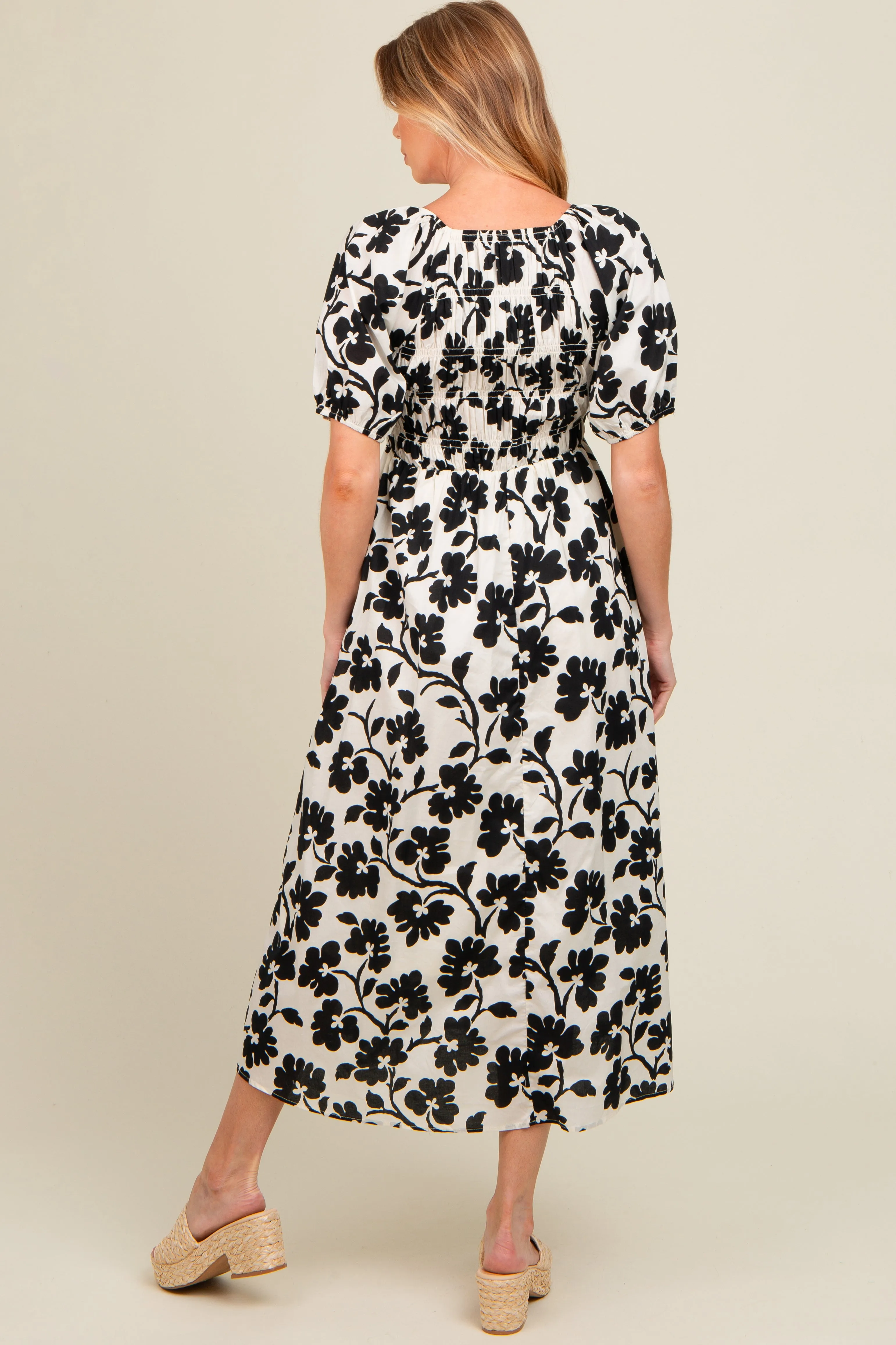 Ivory Floral Smocked Maternity Midi Dress sold by Pinkblush product image thumbnail 4