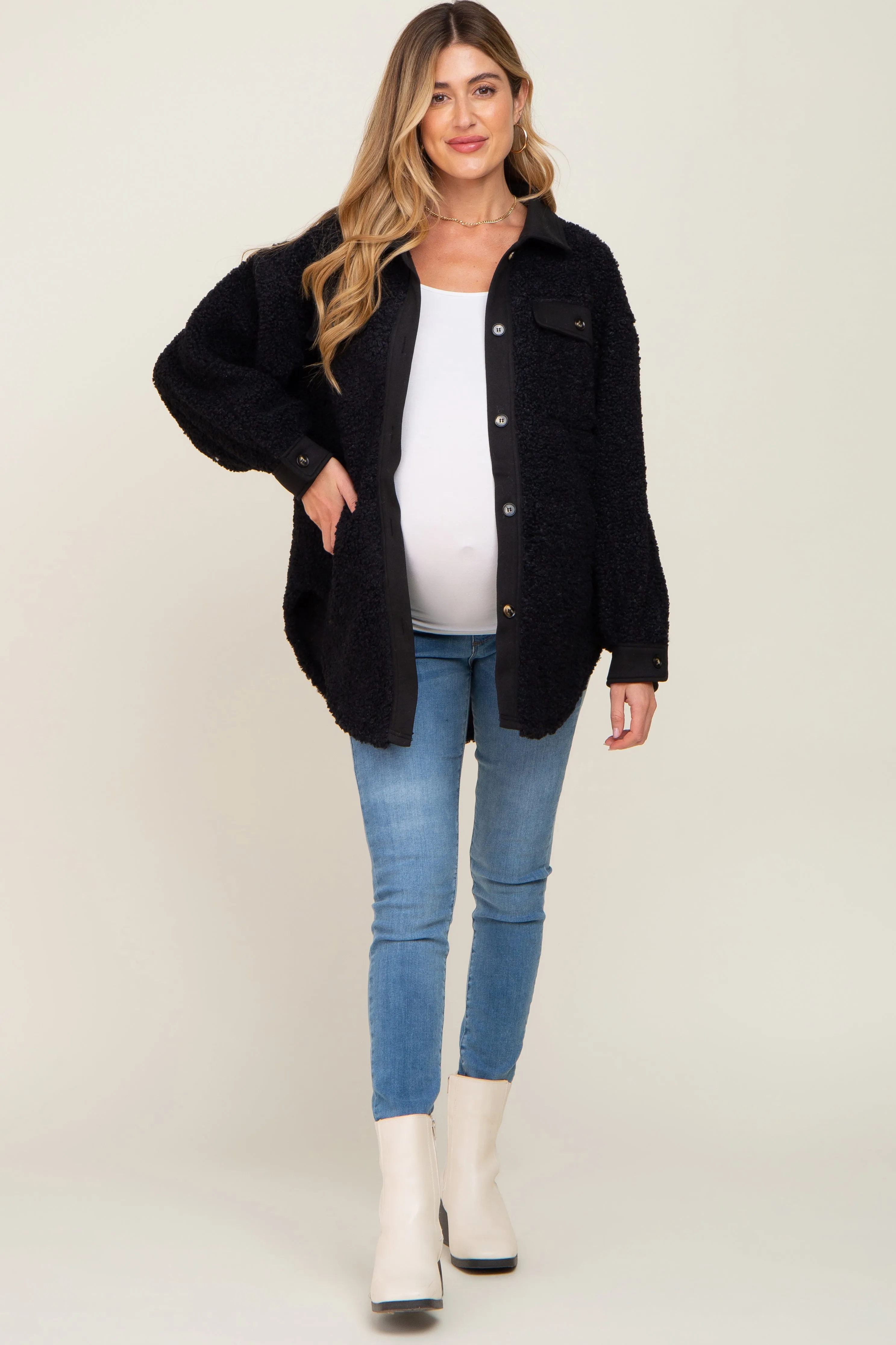 Black Contrast Oversized Sherpa Maternity Coat sold by Pinkblush product image thumbnail 4