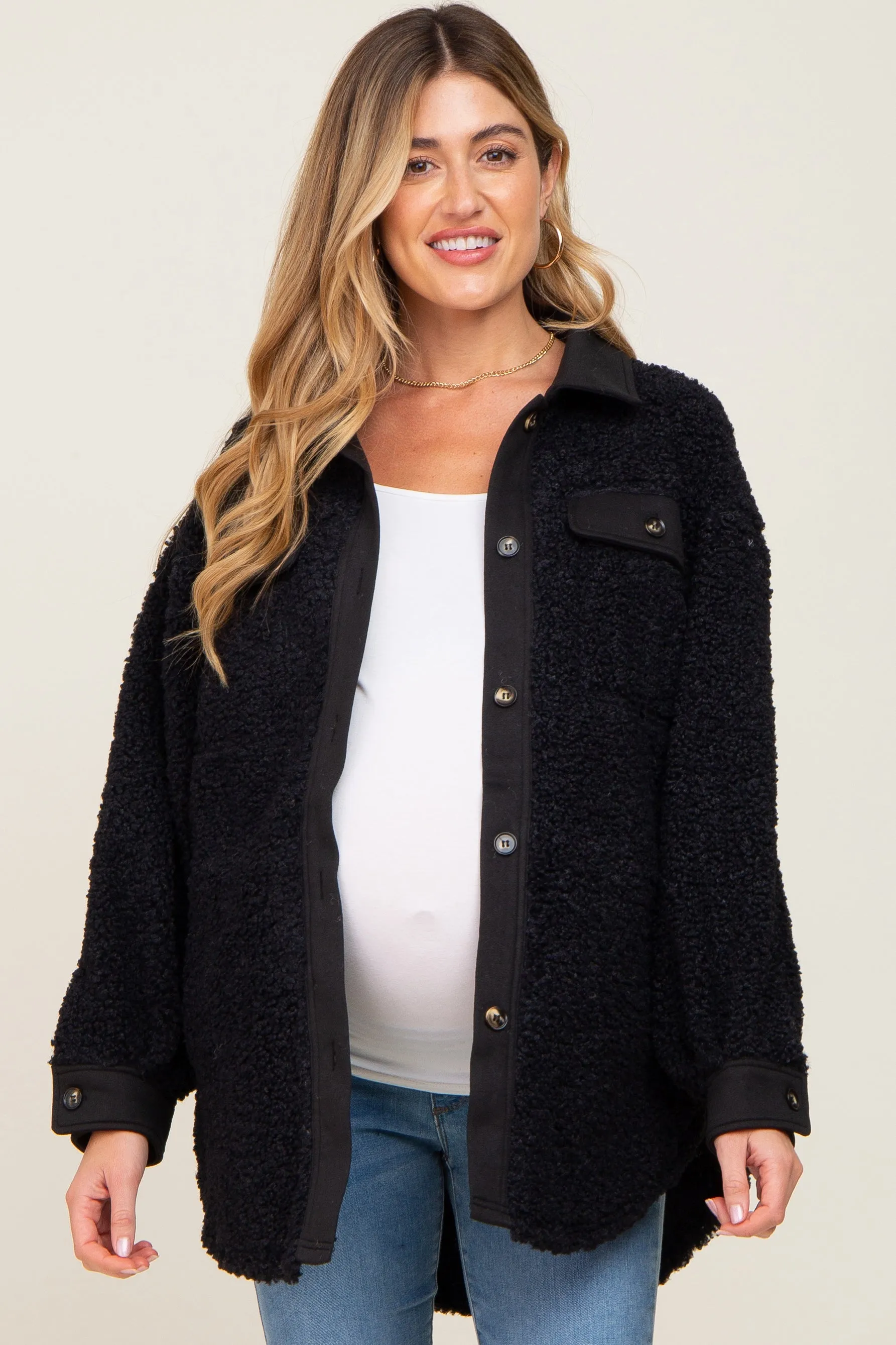Black Contrast Oversized Sherpa Maternity Coat sold by Pinkblush