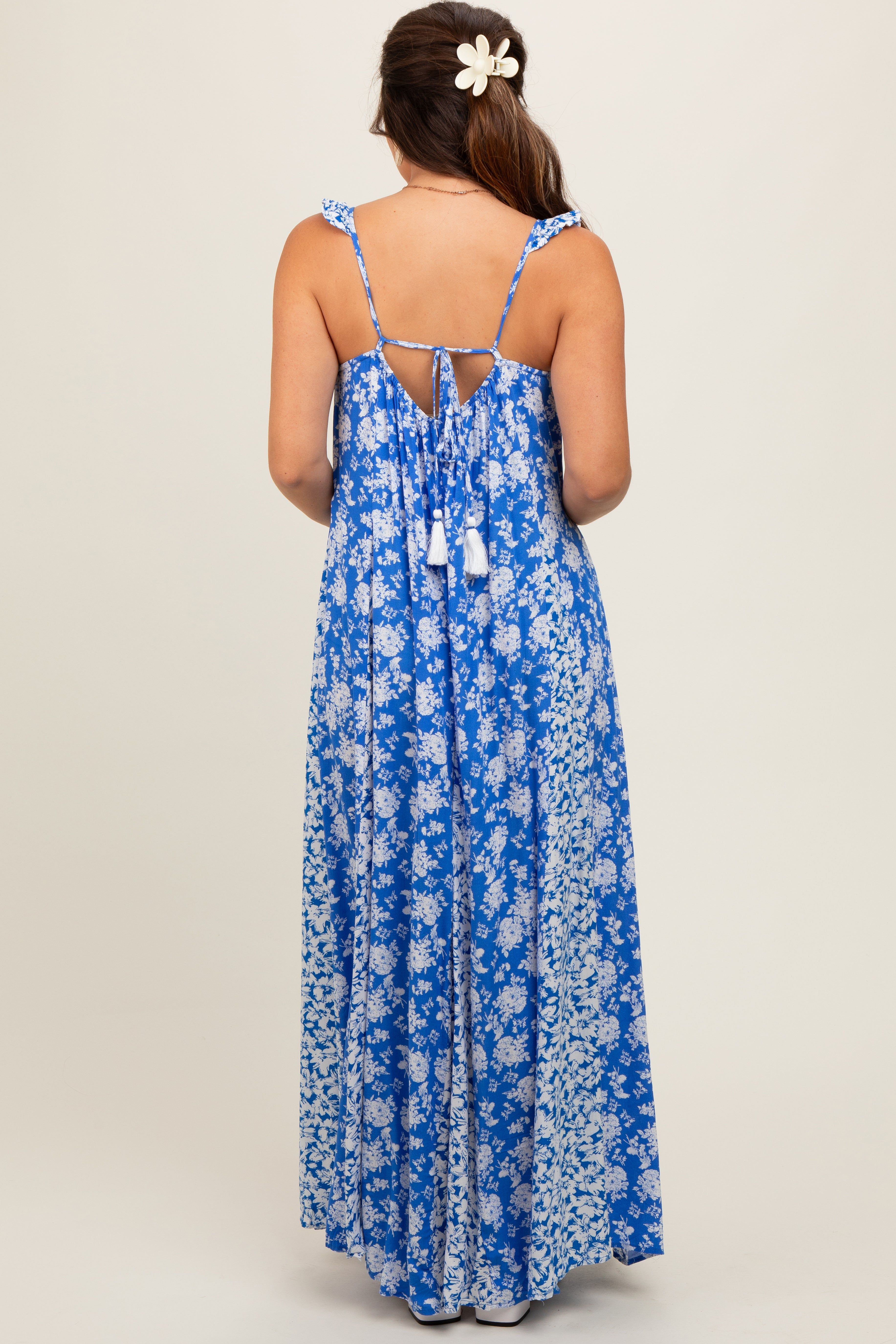 Royal Blue Floral Ruffle Shoulder Cut-Out Back Maternity Maxi Dress sold by Pinkblush product image thumbnail 3