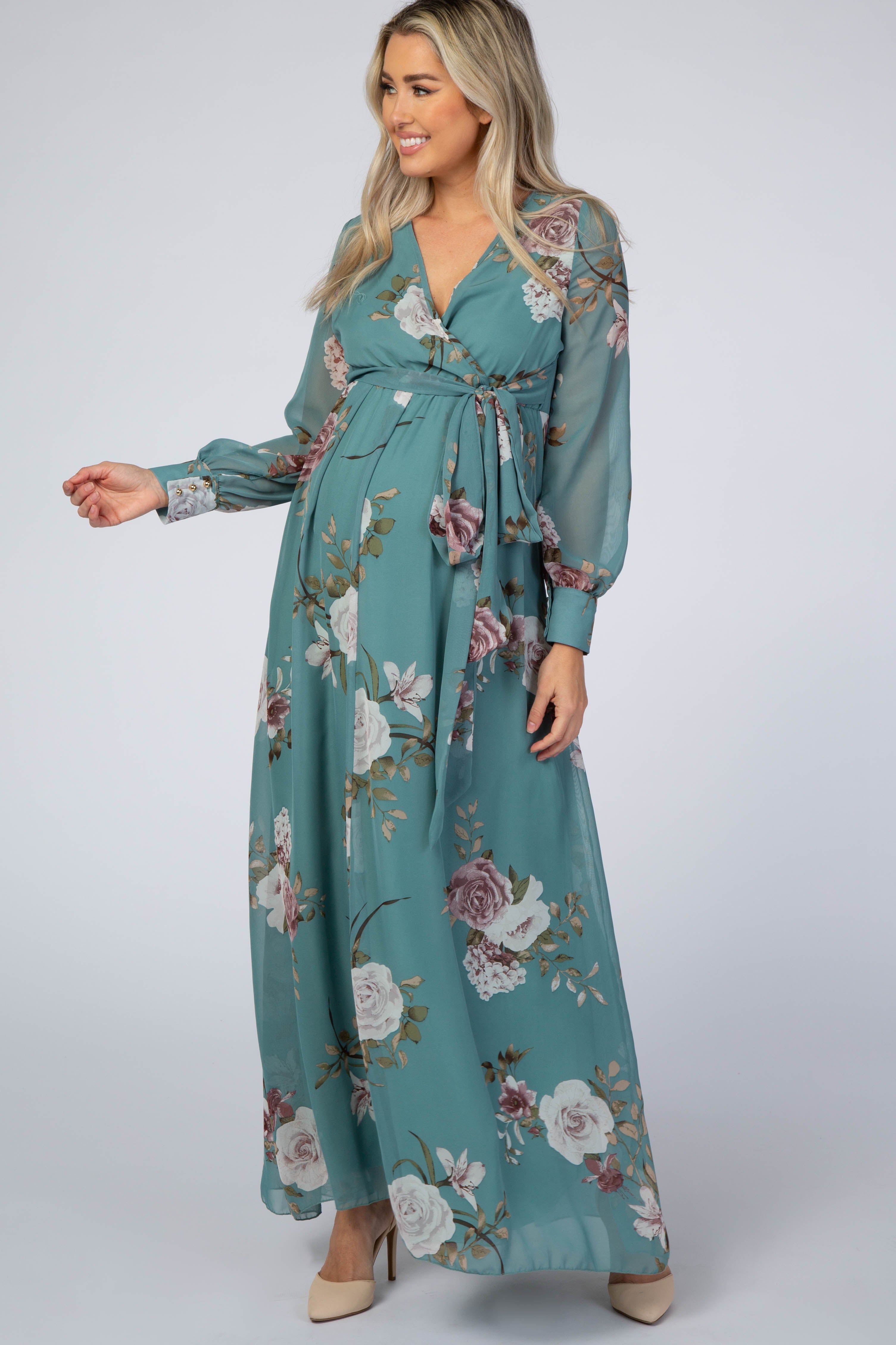 Teal Floral Chiffon Maternity Maxi Dress sold by Pinkblush product image thumbnail 4
