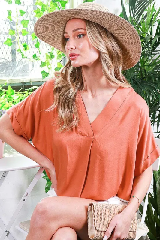 Orange V-Neck Pin-Tuck Detail Top sold by Pinkblush