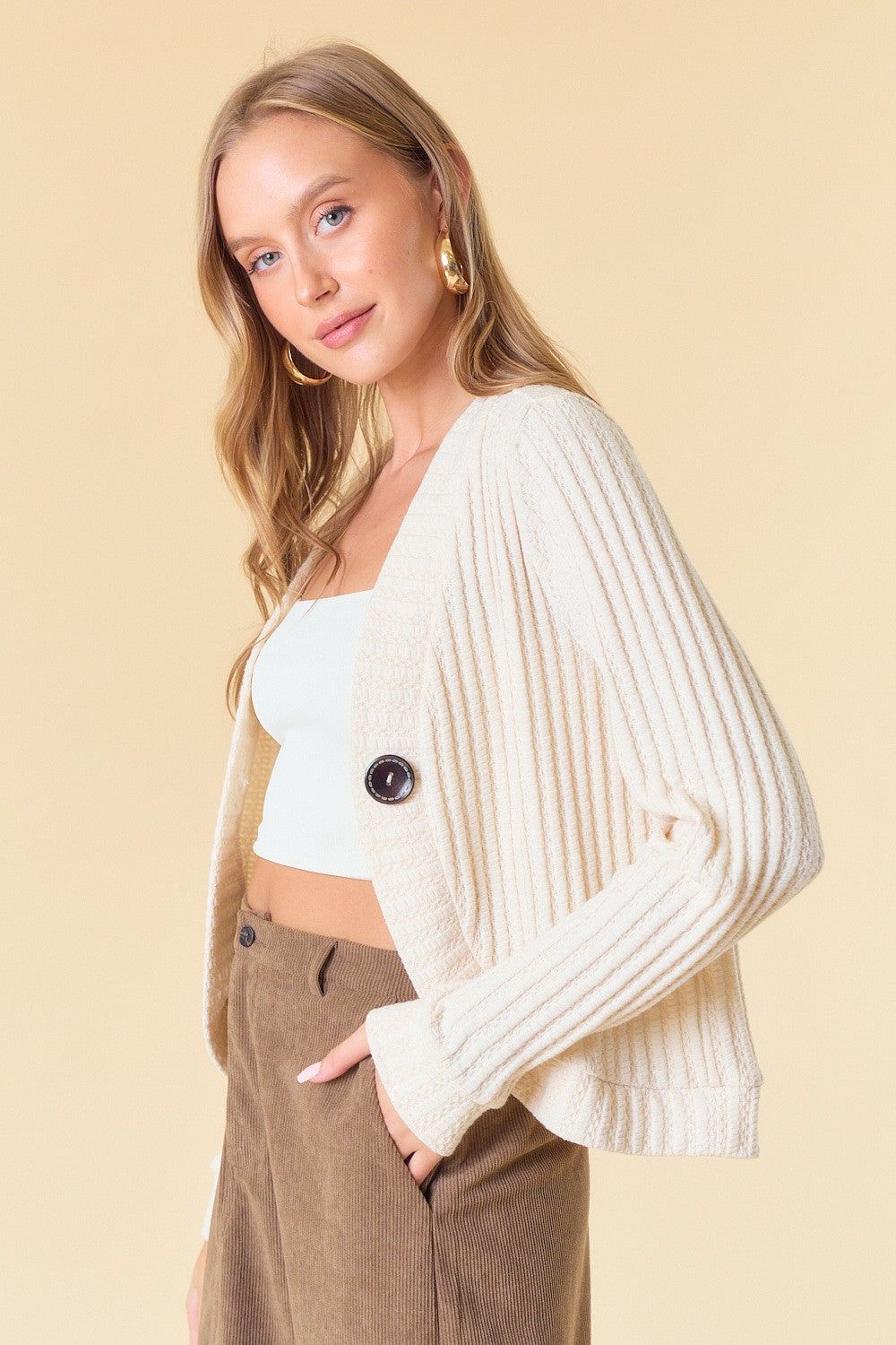 Cream One Button Front Knit Cardigan sold by Pinkblush product image thumbnail 3