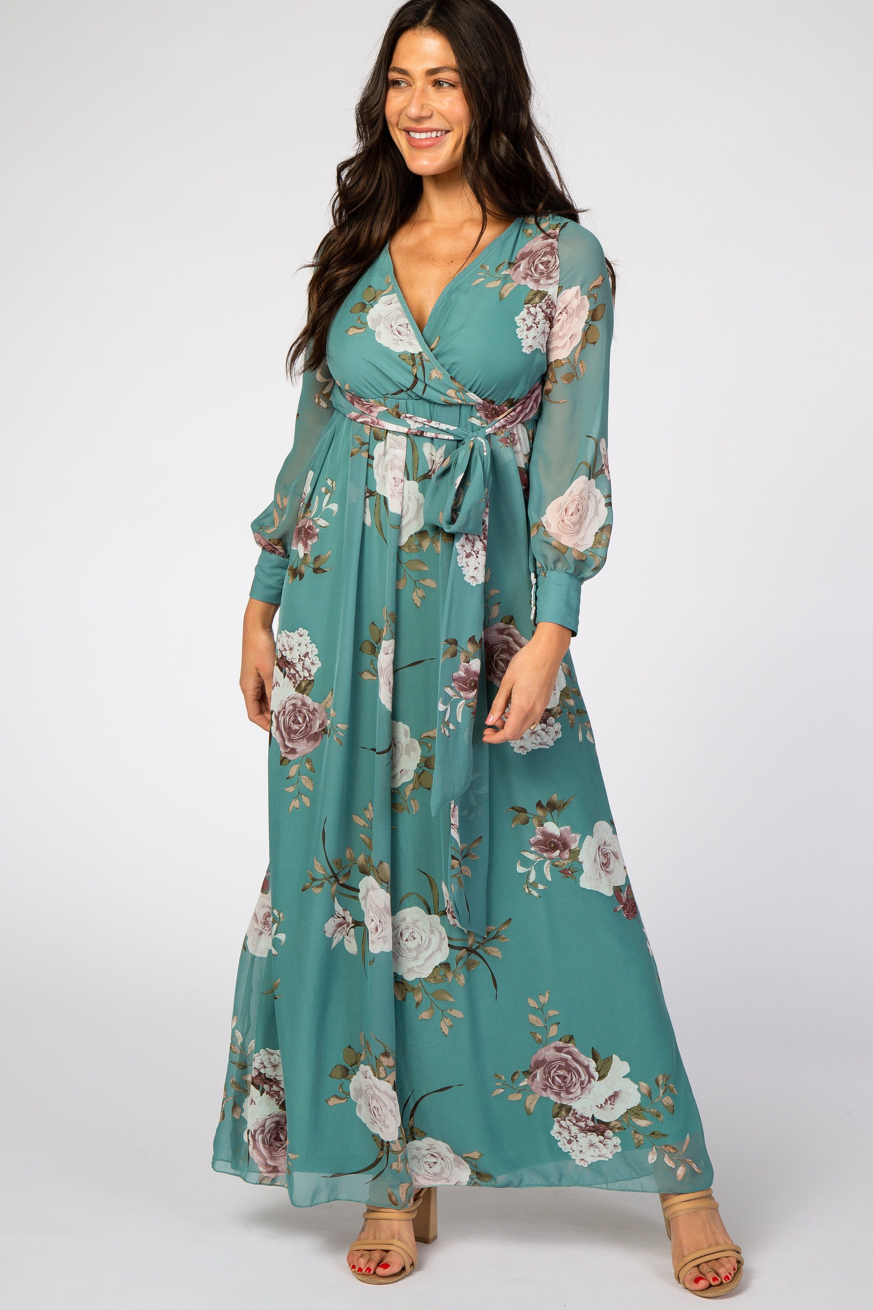Teal Floral Chiffon Maternity Maxi Dress sold by Pinkblush product image thumbnail 5