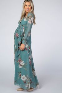 Teal Floral Chiffon Maternity Maxi Dress sold by Pinkblush