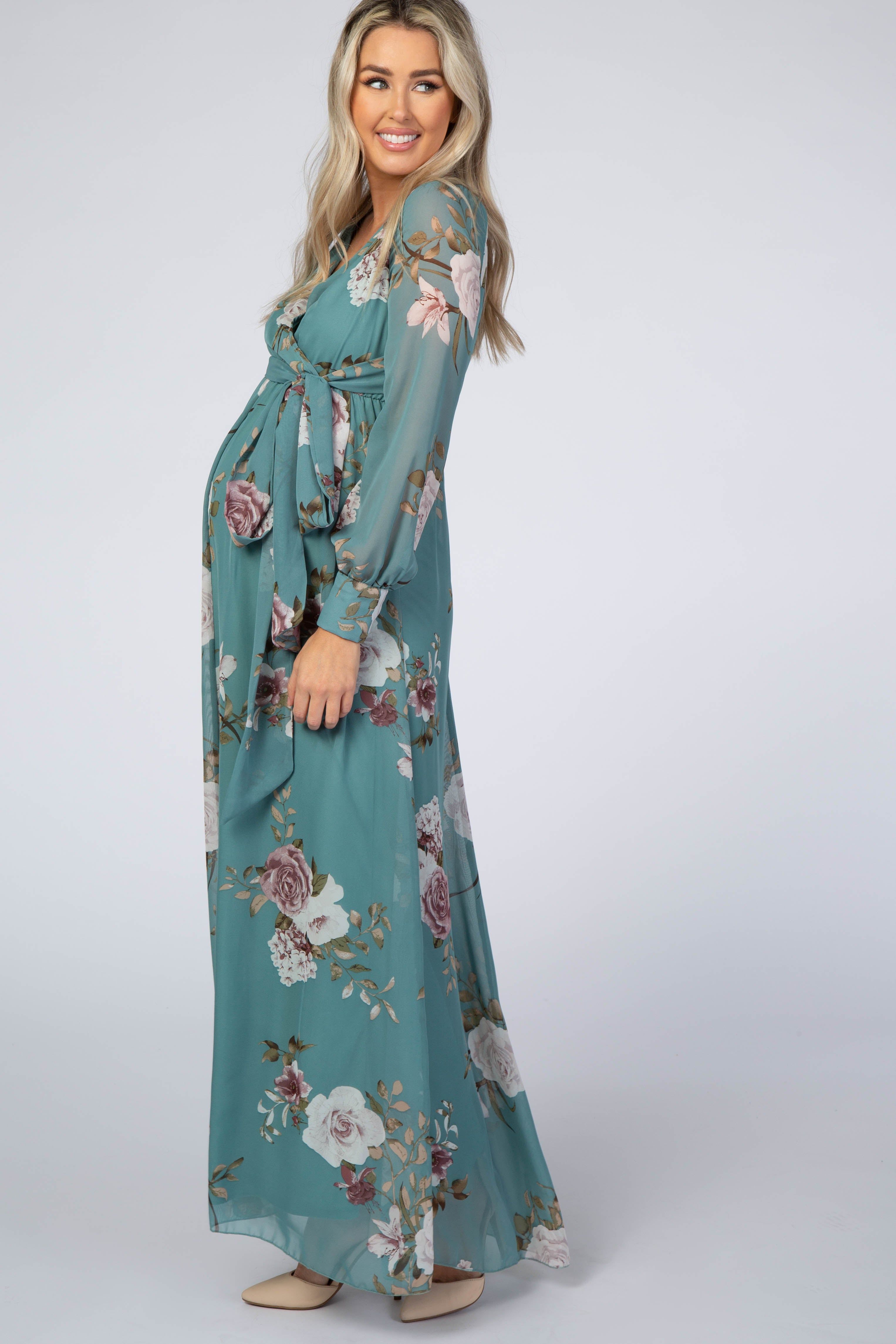 Teal Floral Chiffon Maternity Maxi Dress sold by Pinkblush product image thumbnail 2