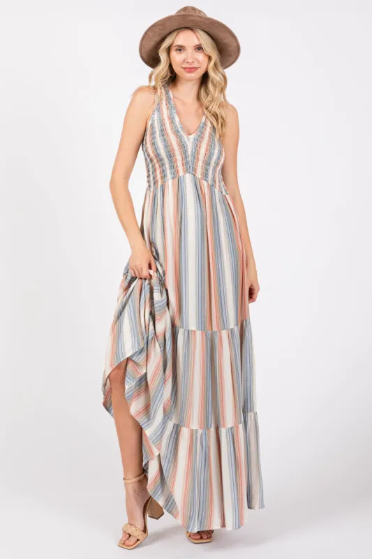 Multi-Color Striped Smocked Racerback Maxi Dress sold by Pinkblush