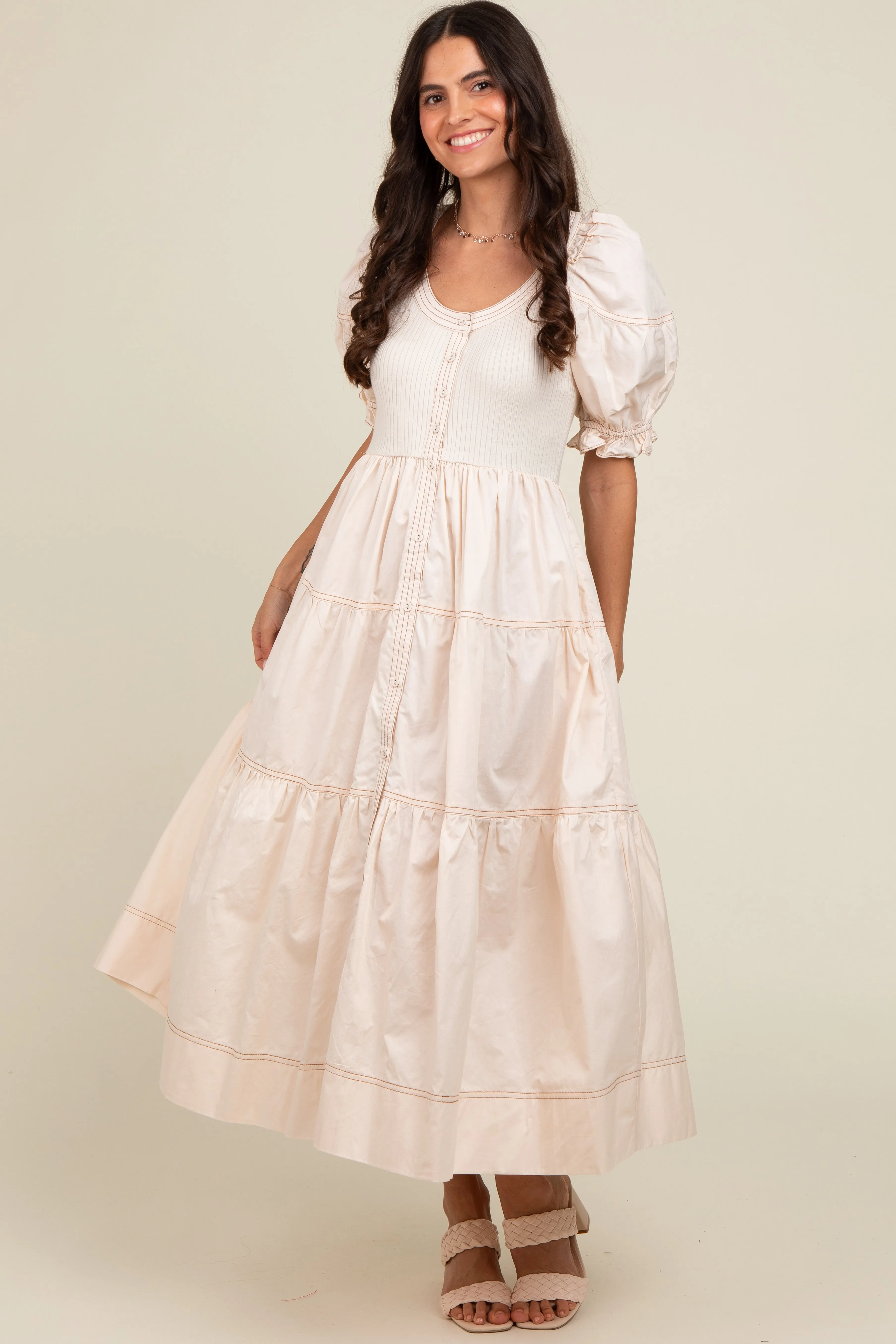 Cream Contrast Top Tiered Midi Dress sold by Pinkblush