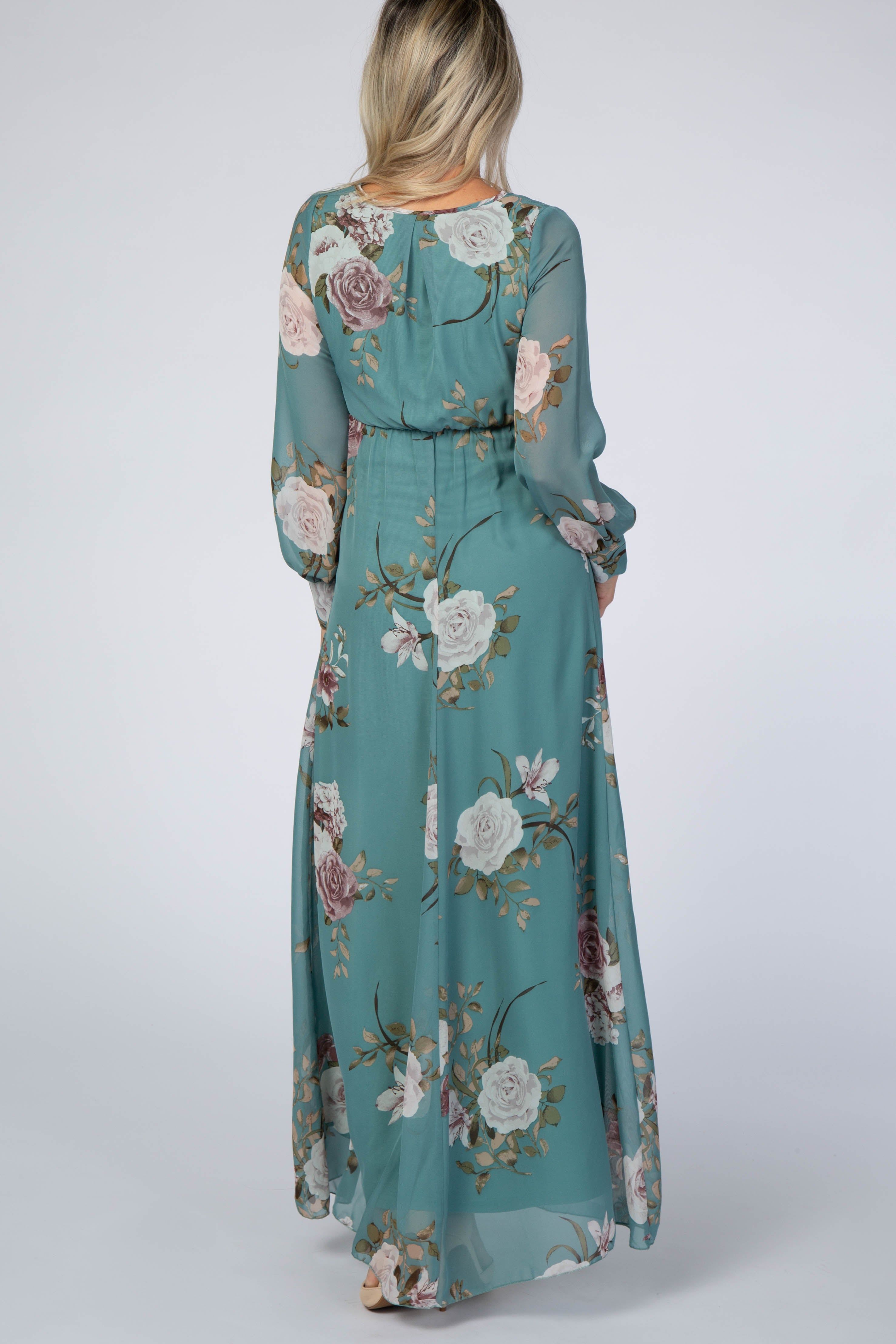 Teal Floral Chiffon Maternity Maxi Dress sold by Pinkblush product image thumbnail 3