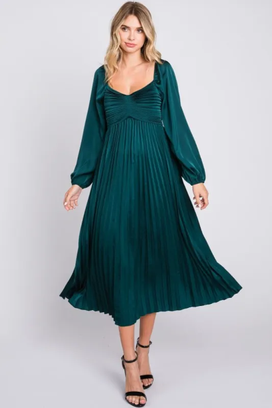 Forest Green Sweetheart Pleated Long Sleeve Midi Dress sold by Pinkblush