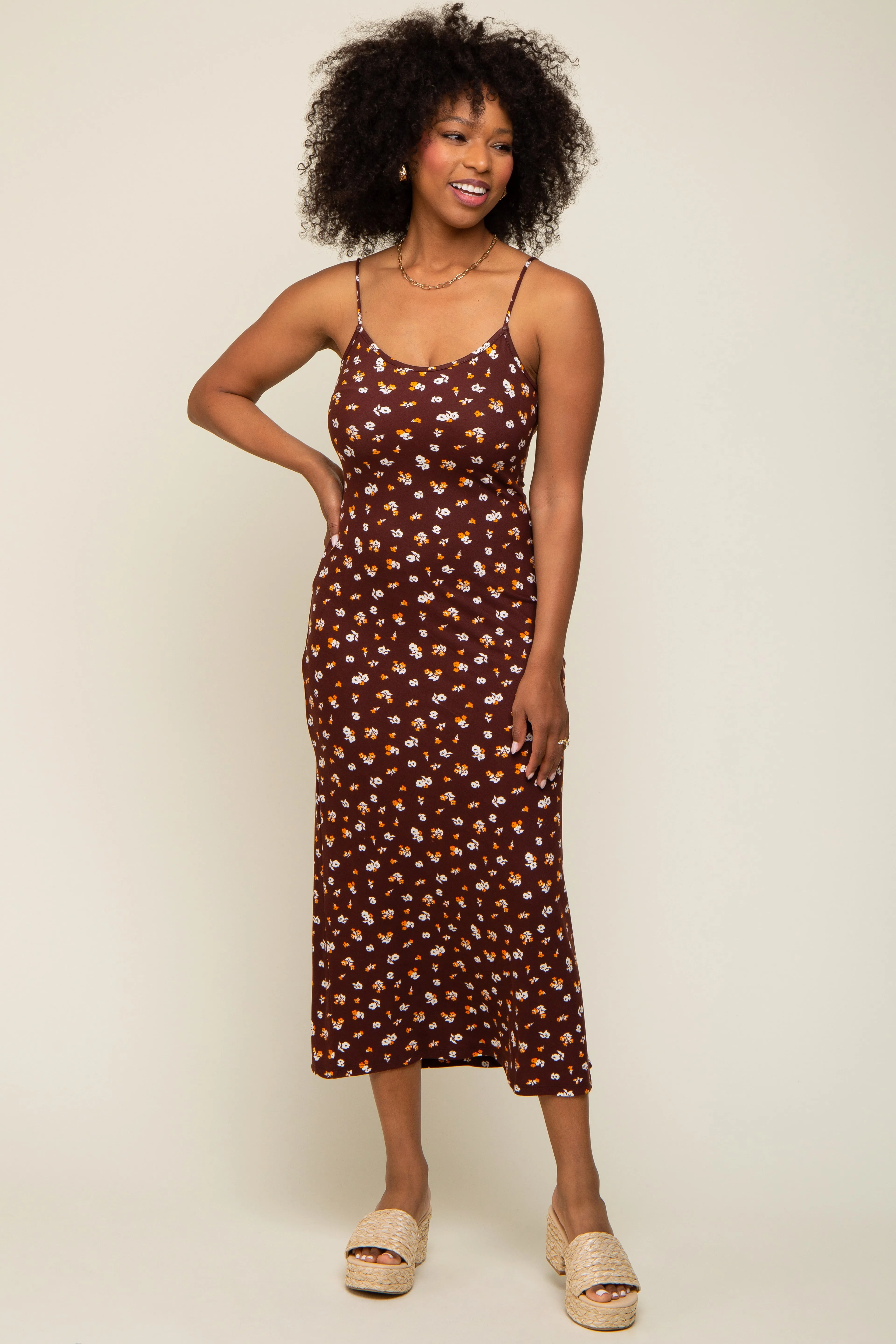 Brown Floral Sleeveless Midi Dress sold by Pinkblush product image thumbnail 5