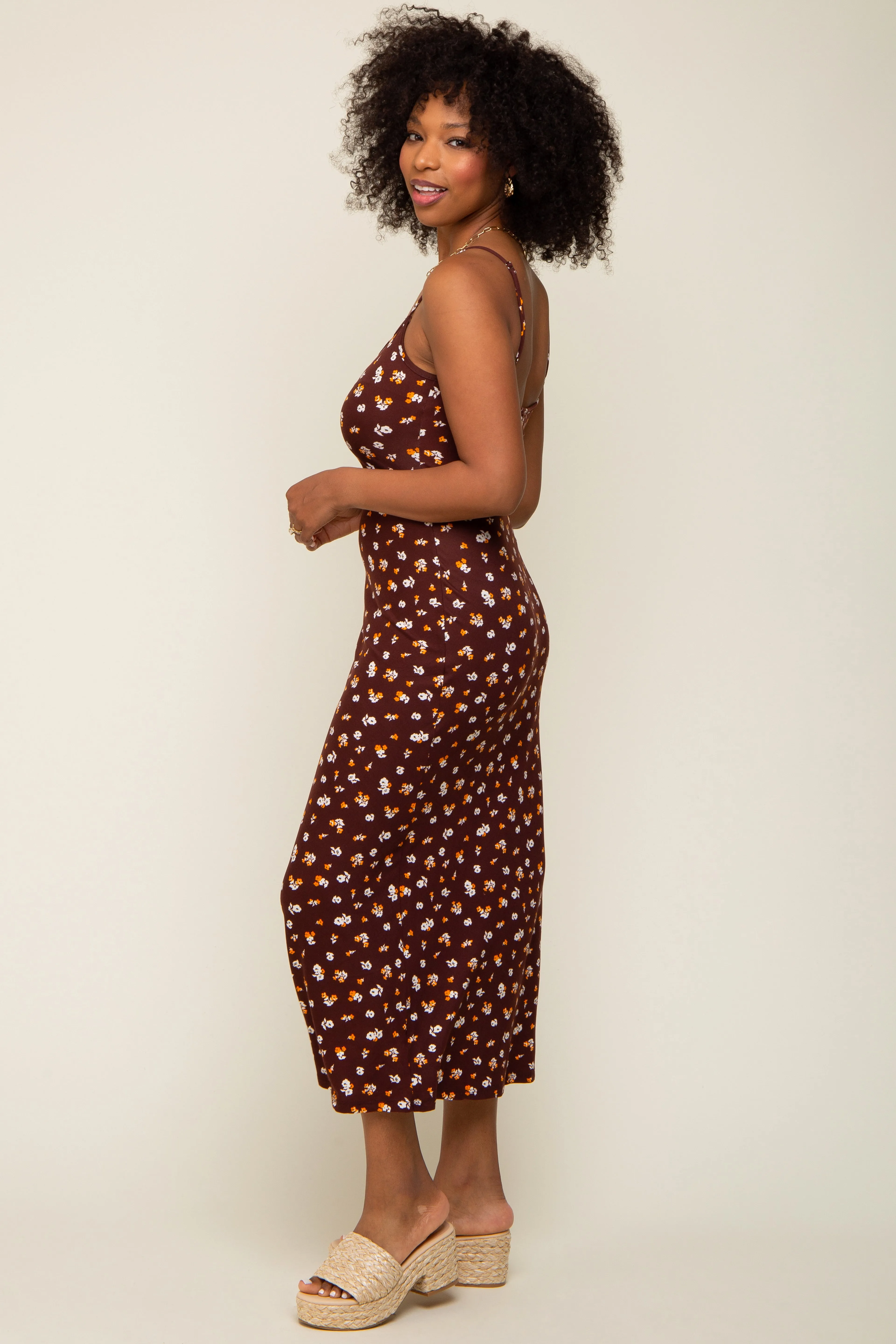 Brown Floral Sleeveless Midi Dress sold by Pinkblush product image thumbnail 2