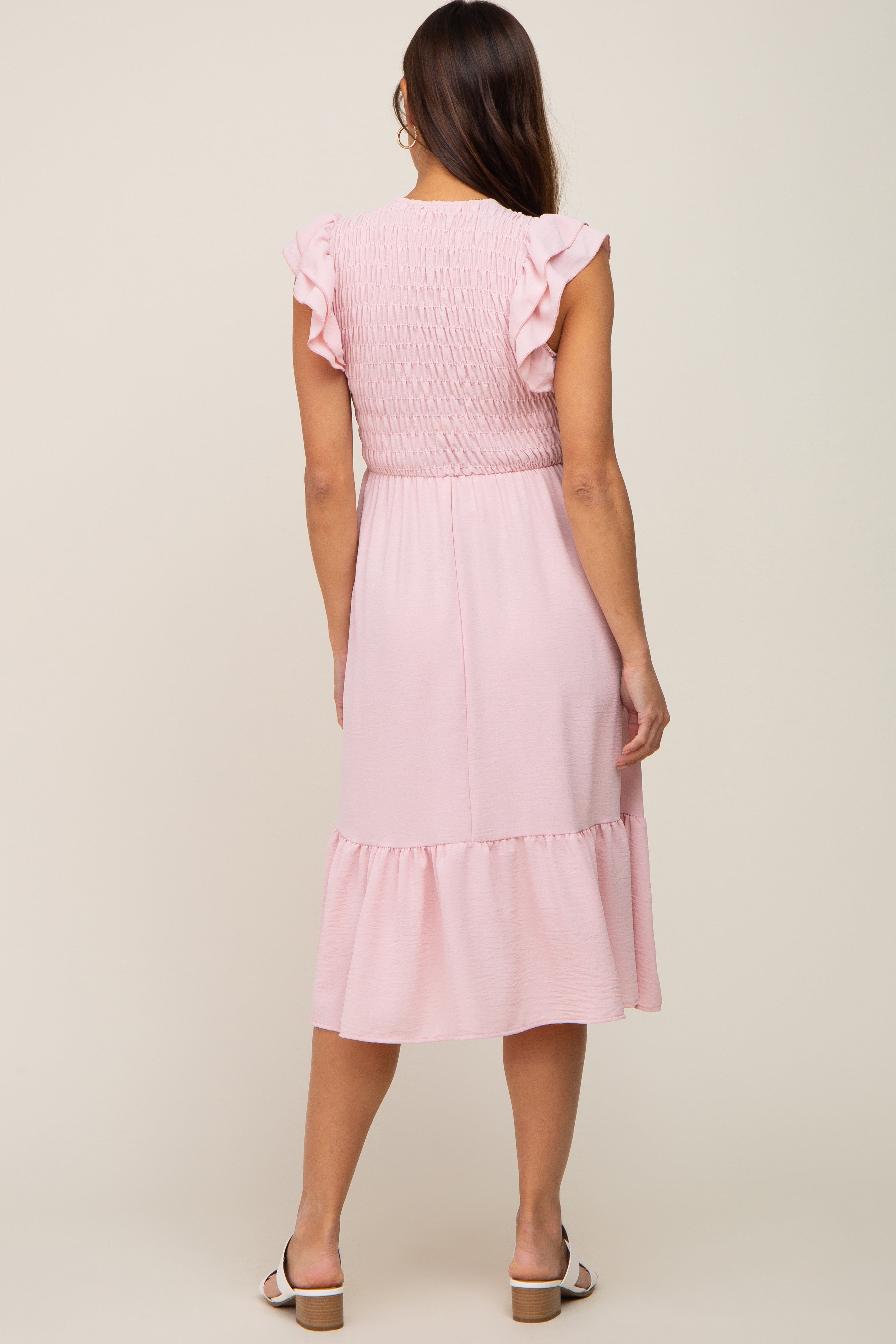 Light Pink Smocked Layered Ruffle Flutter Sleeve Maternity Midi Dress sold by Pinkblush product image thumbnail 3
