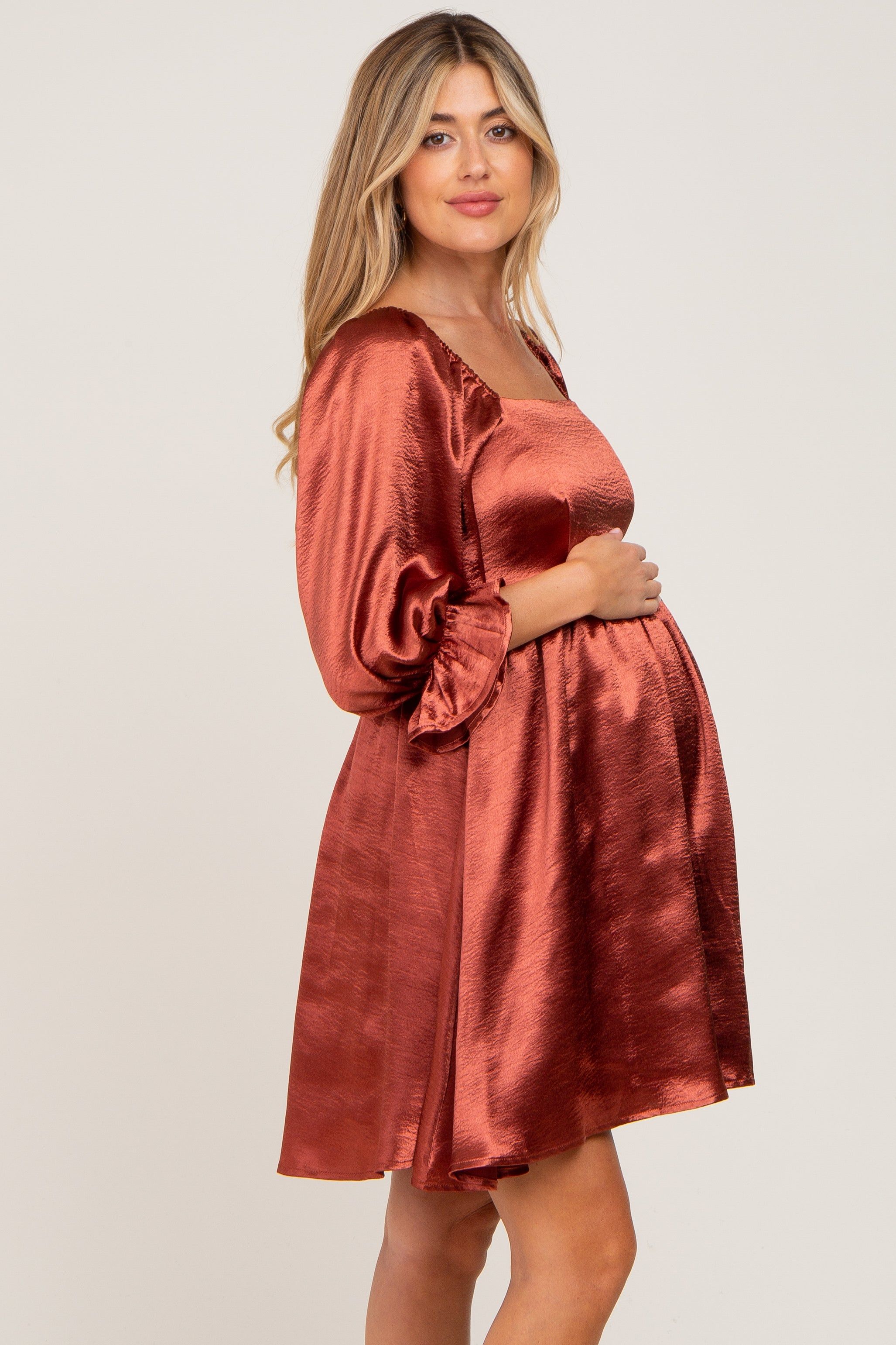 Rust Satin Square Neck Babydoll Maternity Mini Dress sold by Pinkblush product image thumbnail 2