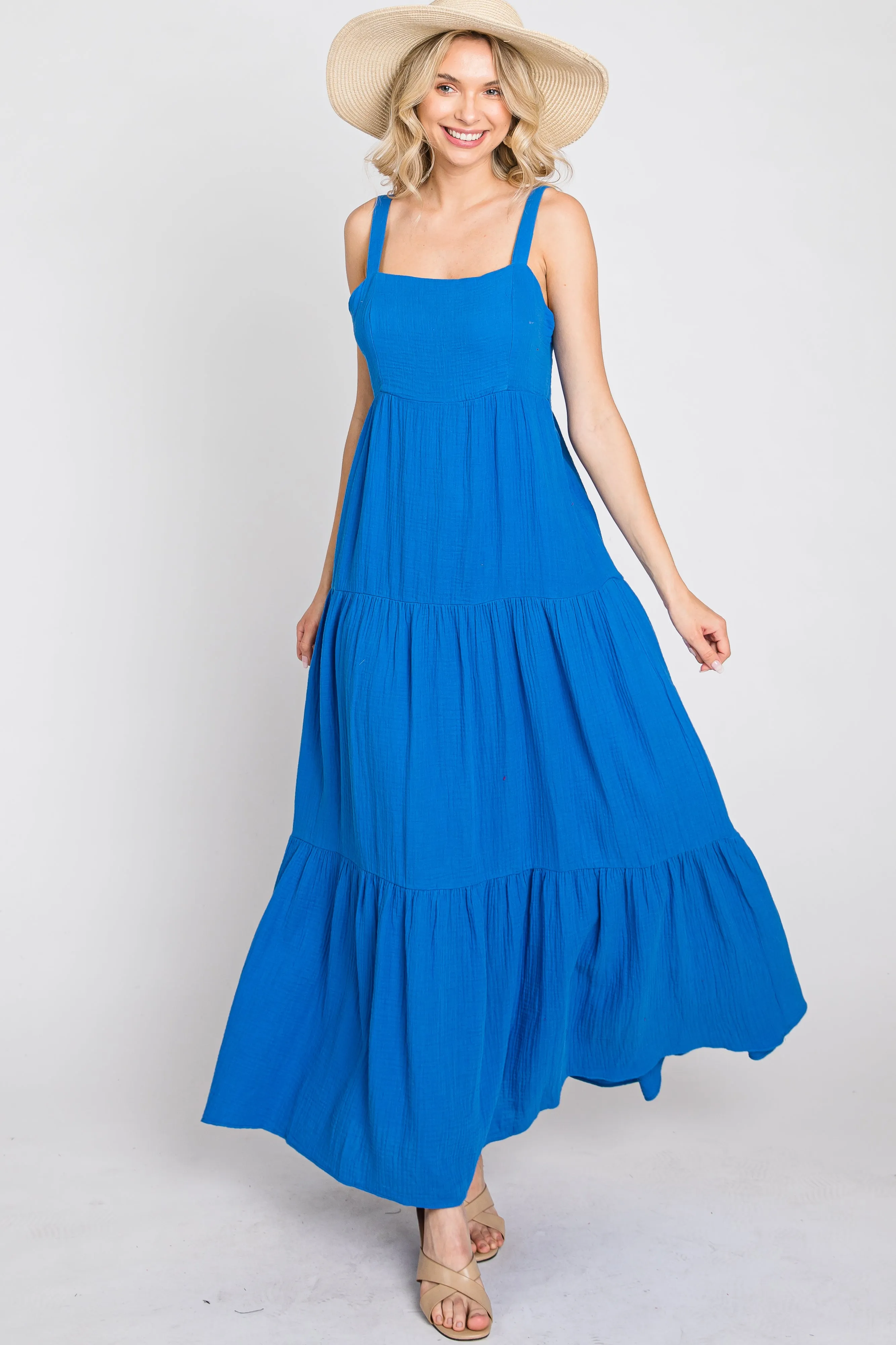 Blue Sleeveless Ruffle Tiered Maternity Maxi Dress sold by Pinkblush product image thumbnail 4