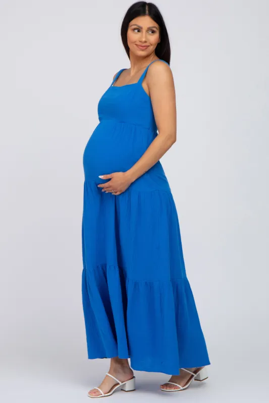 Blue Sleeveless Ruffle Tiered Maternity Maxi Dress sold by Pinkblush