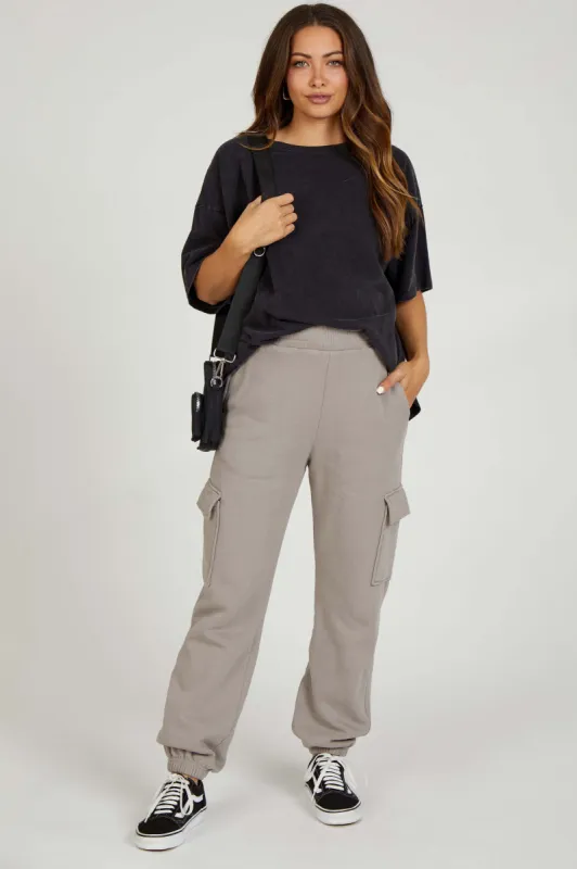 Taupe Fleece Cargo Maternity Sweatpants sold by Pinkblush