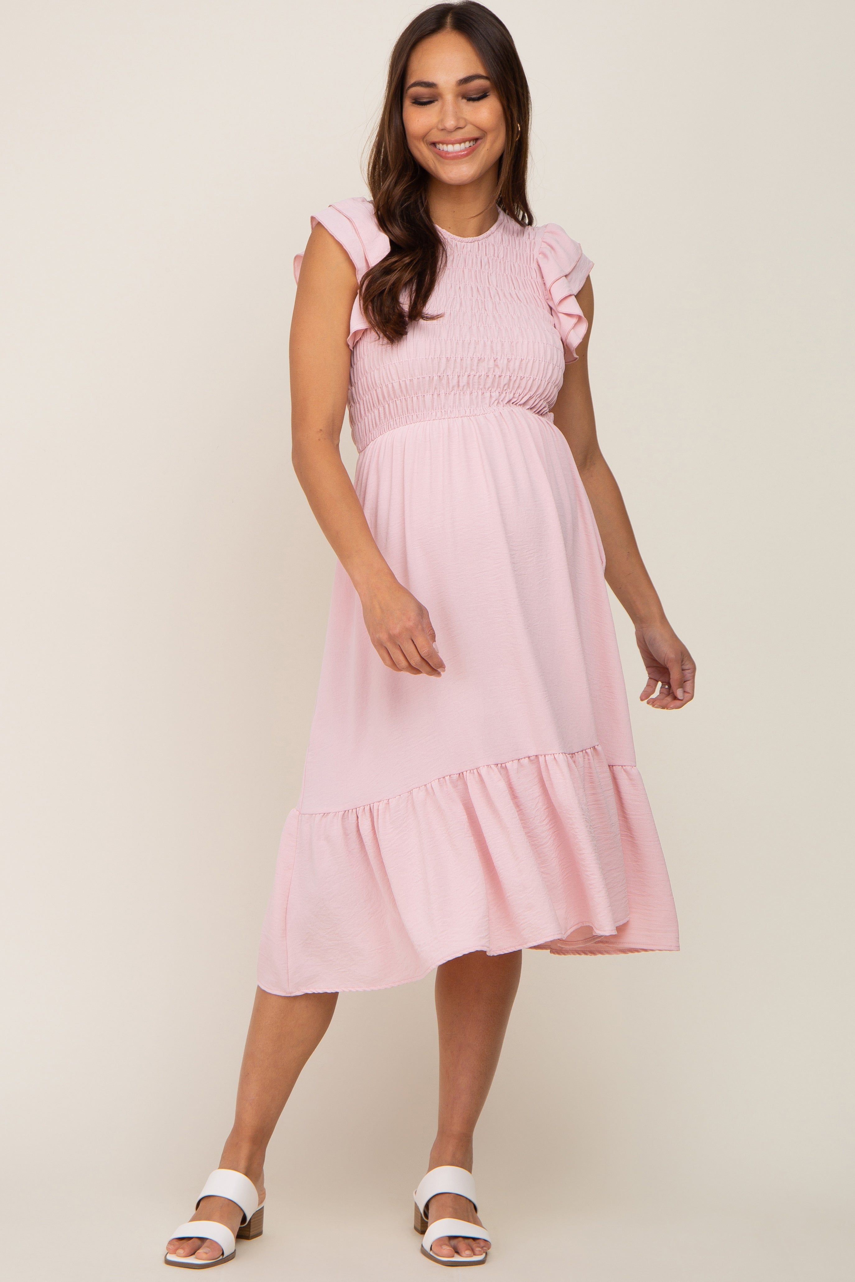 Light Pink Smocked Layered Ruffle Flutter Sleeve Maternity Midi Dress sold by Pinkblush product image thumbnail 4