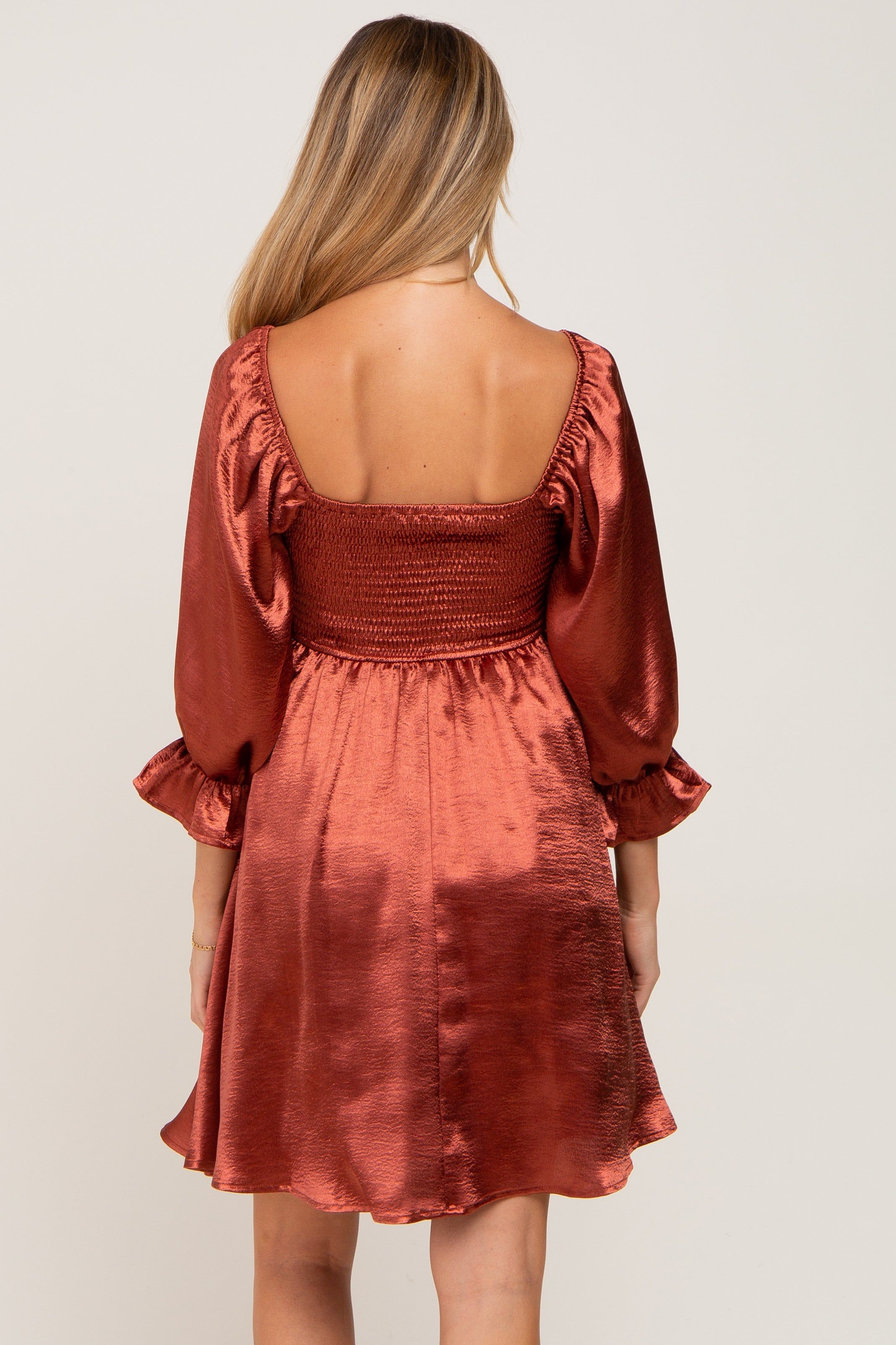 Rust Satin Square Neck Babydoll Maternity Mini Dress sold by Pinkblush product image thumbnail 3