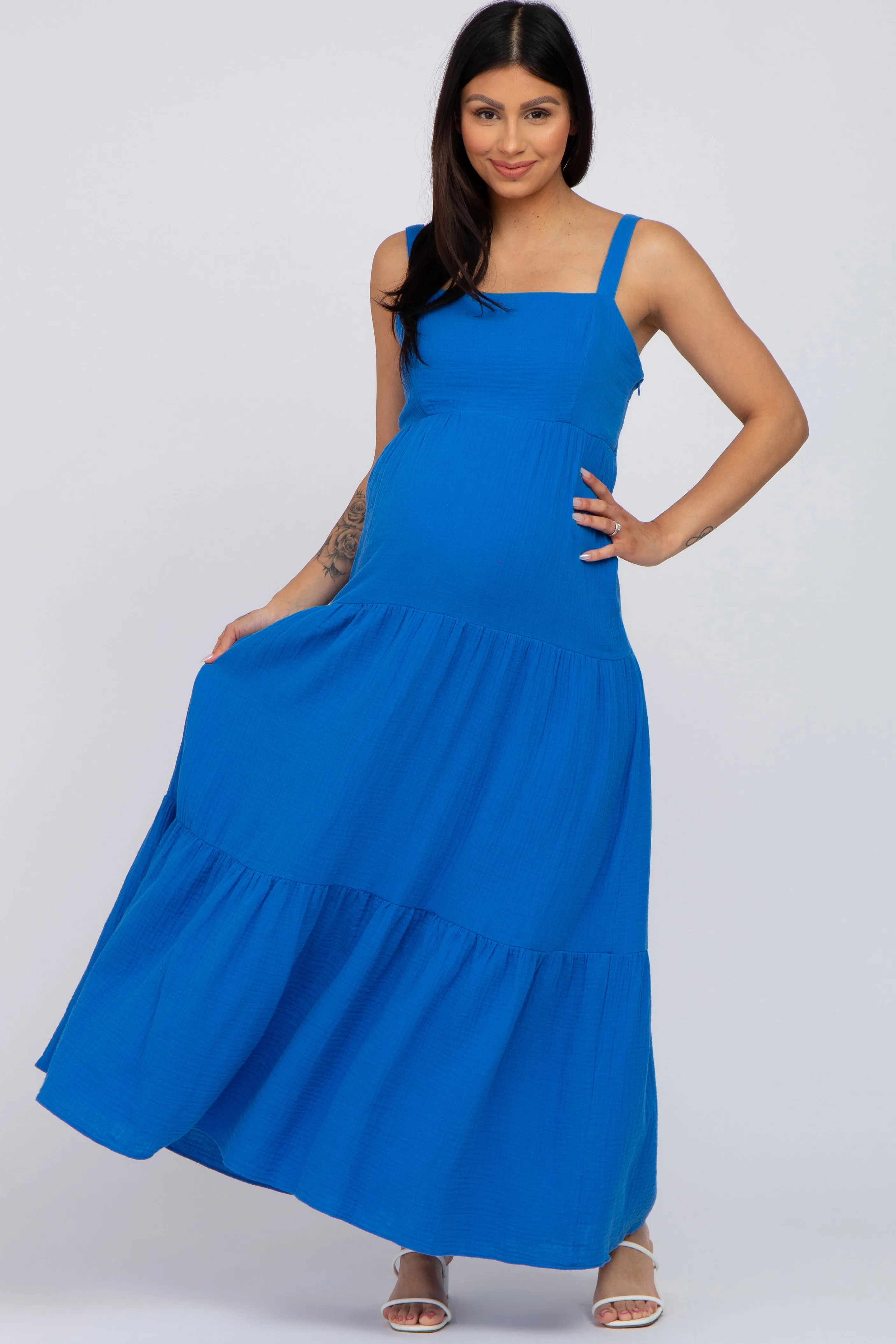 Blue Sleeveless Ruffle Tiered Maternity Maxi Dress sold by Pinkblush product image thumbnail 2