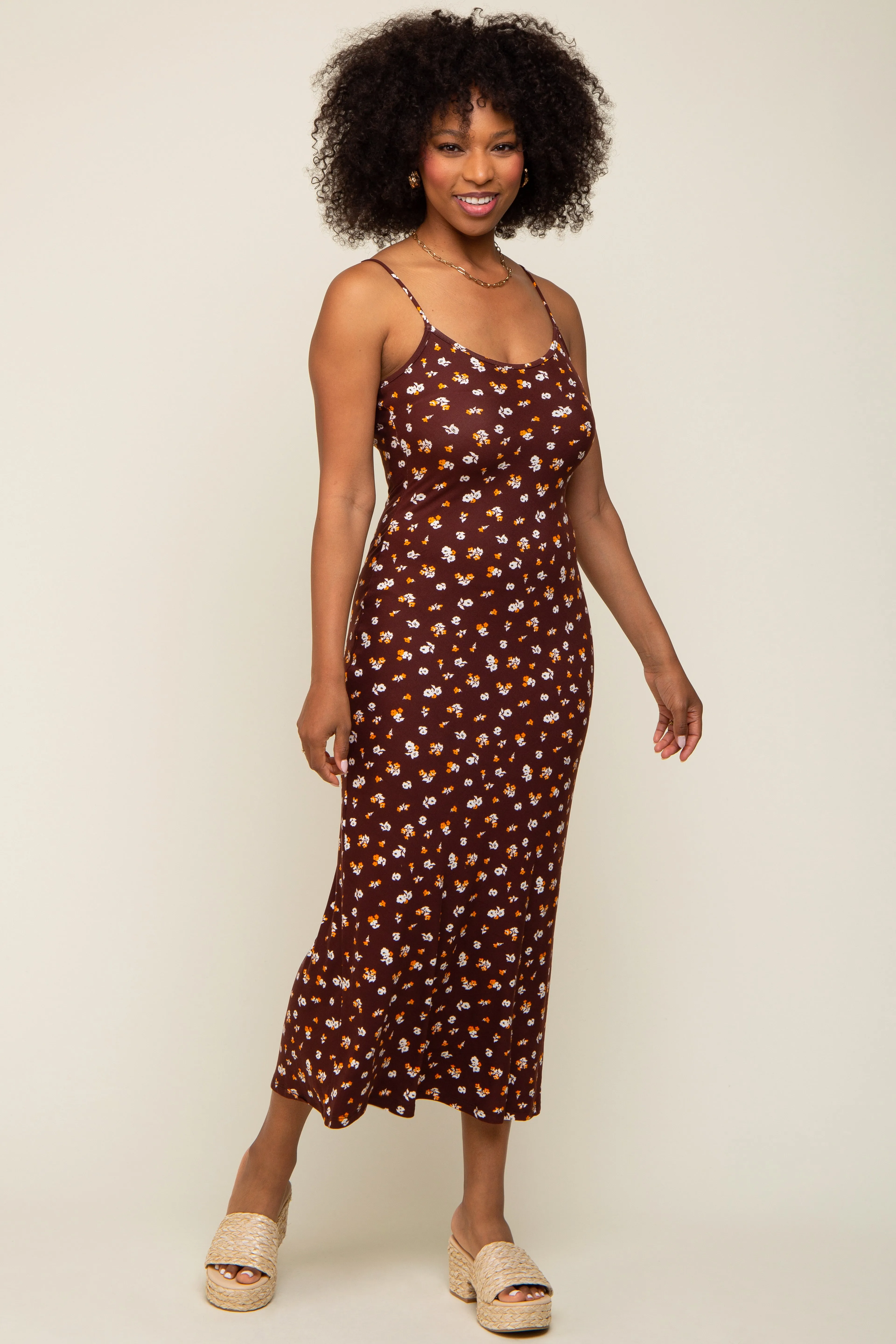 Brown Floral Sleeveless Midi Dress sold by Pinkblush product image thumbnail 4