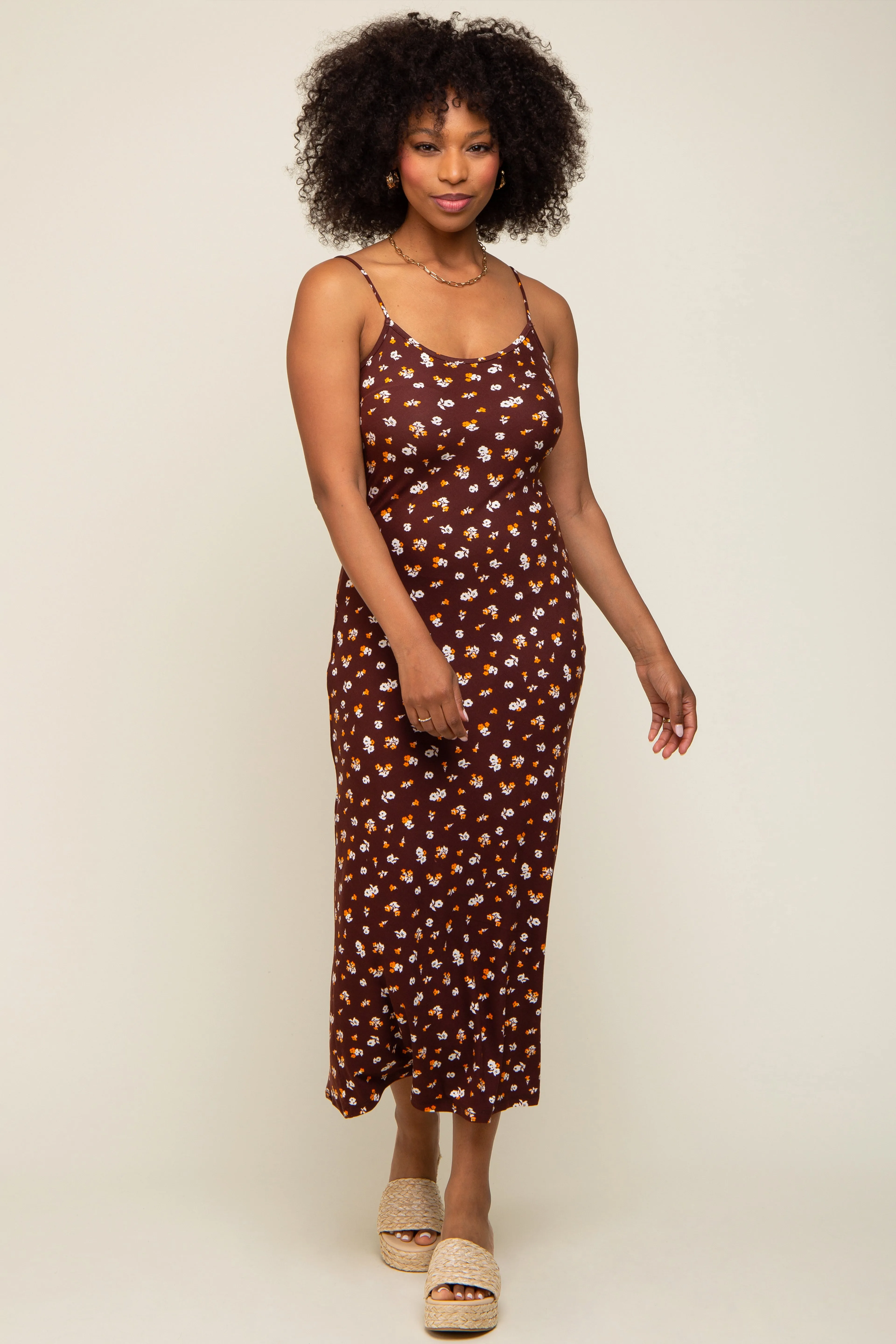 Brown Floral Sleeveless Midi Dress sold by Pinkblush