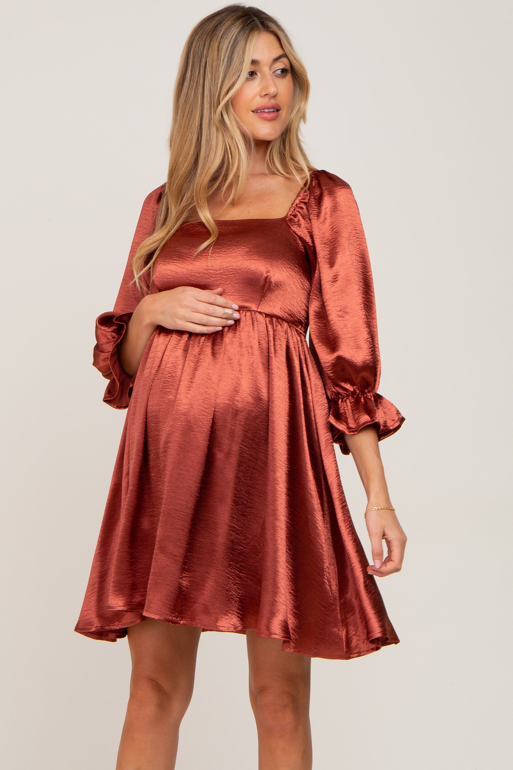 Rust Satin Square Neck Babydoll Maternity Mini Dress sold by Pinkblush