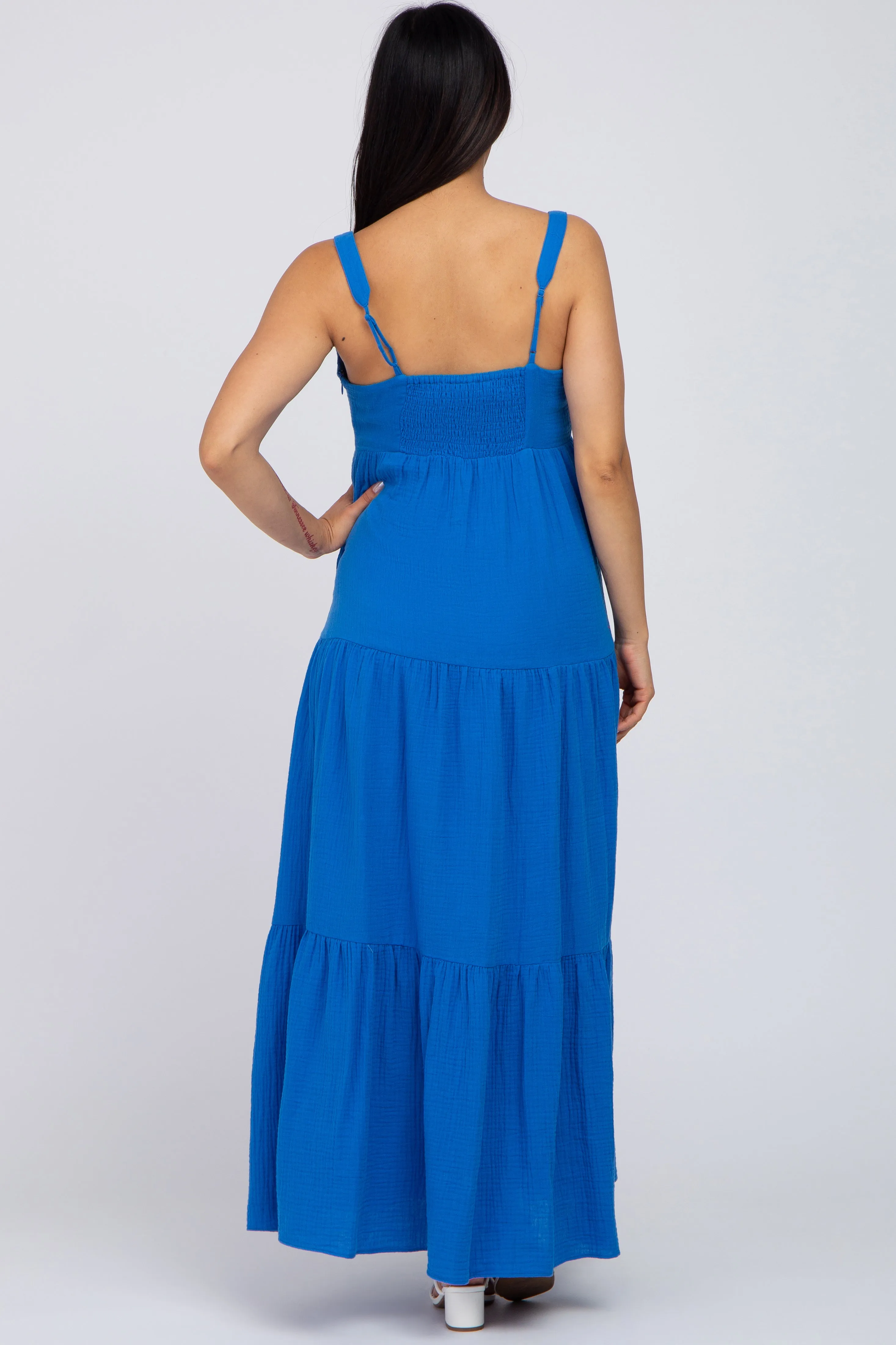 Blue Sleeveless Ruffle Tiered Maternity Maxi Dress sold by Pinkblush product image thumbnail 3