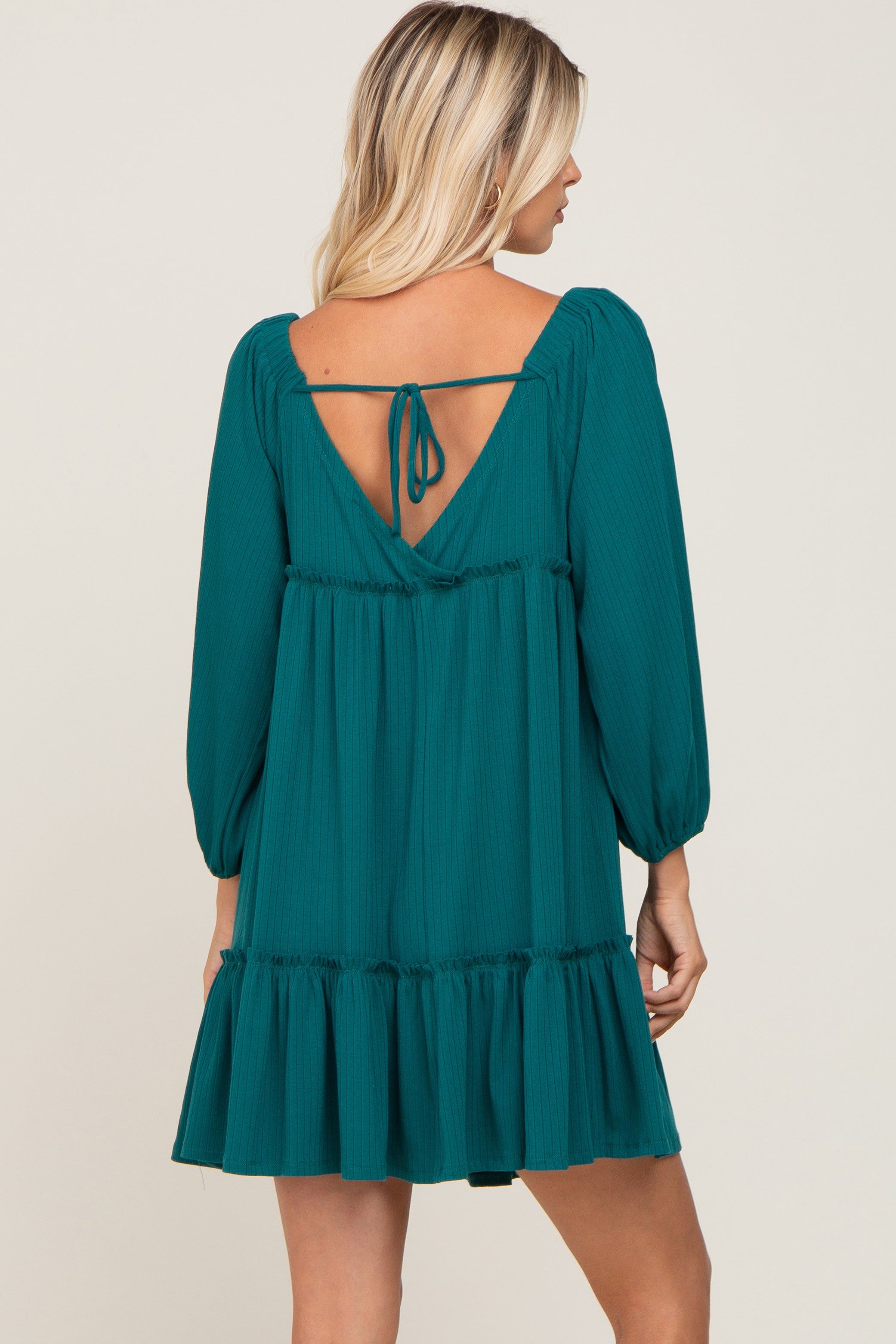 Teal Ribbed Tied Back Mini Dress sold by Pinkblush product image thumbnail 3