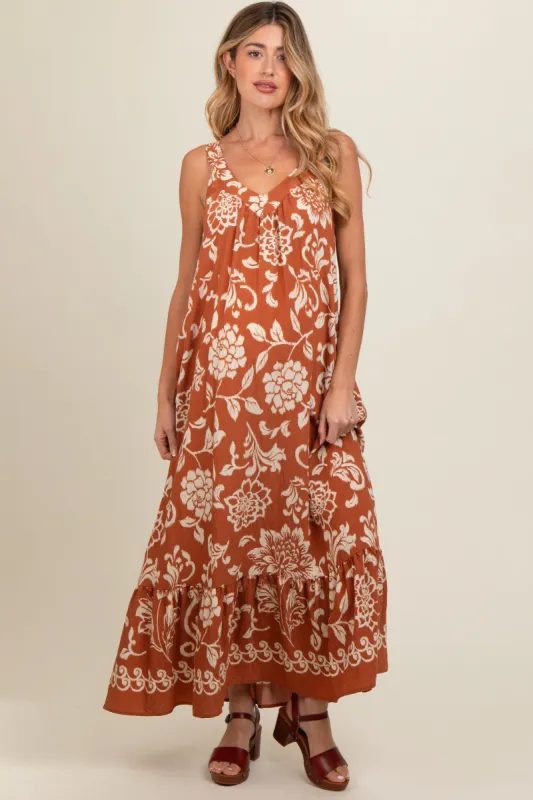 Rust Floral Tie Back Maternity Maxi Dress sold by Pinkblush