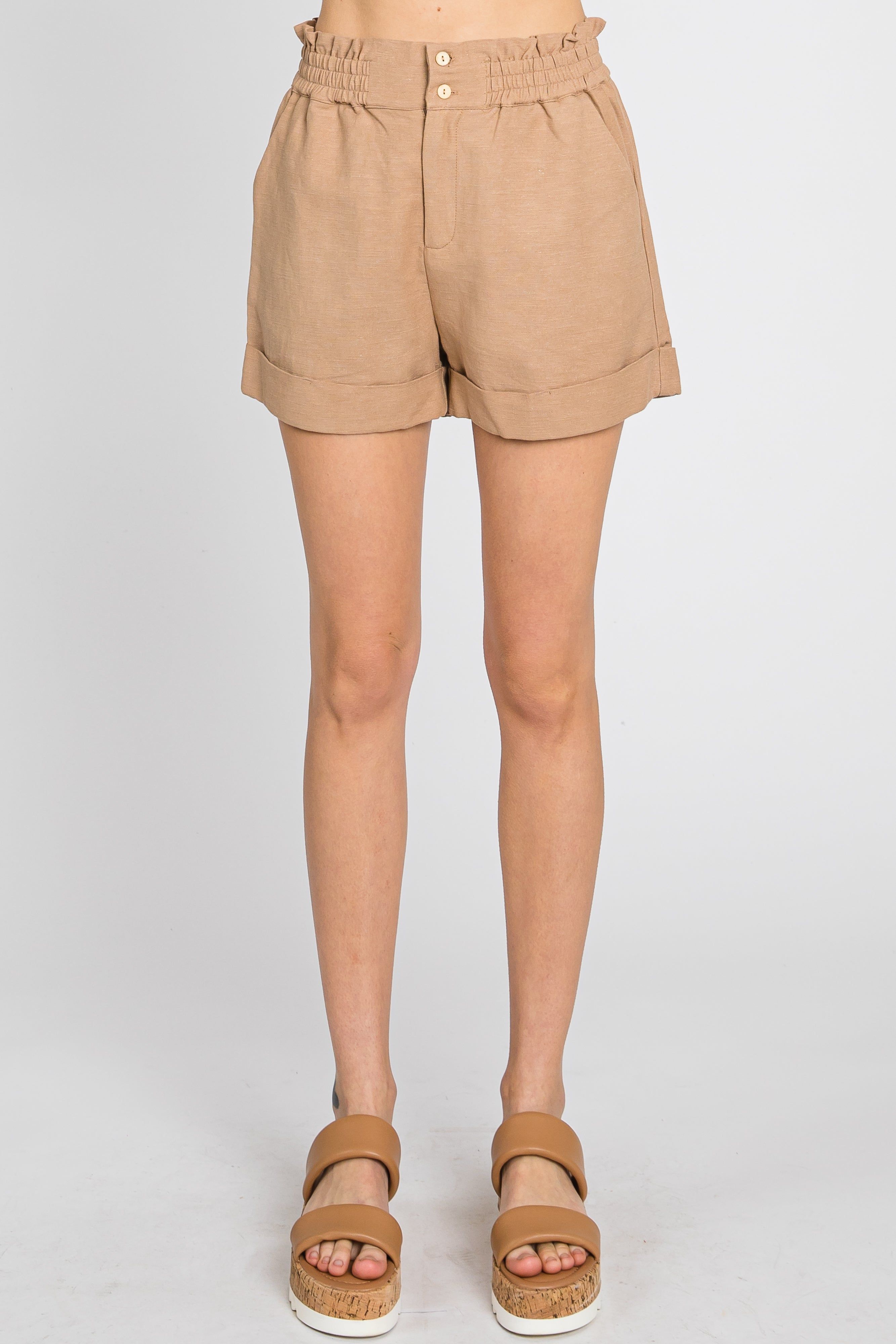 Mocha Smocked Waist Linen Shorts sold by Pinkblush product image thumbnail 5