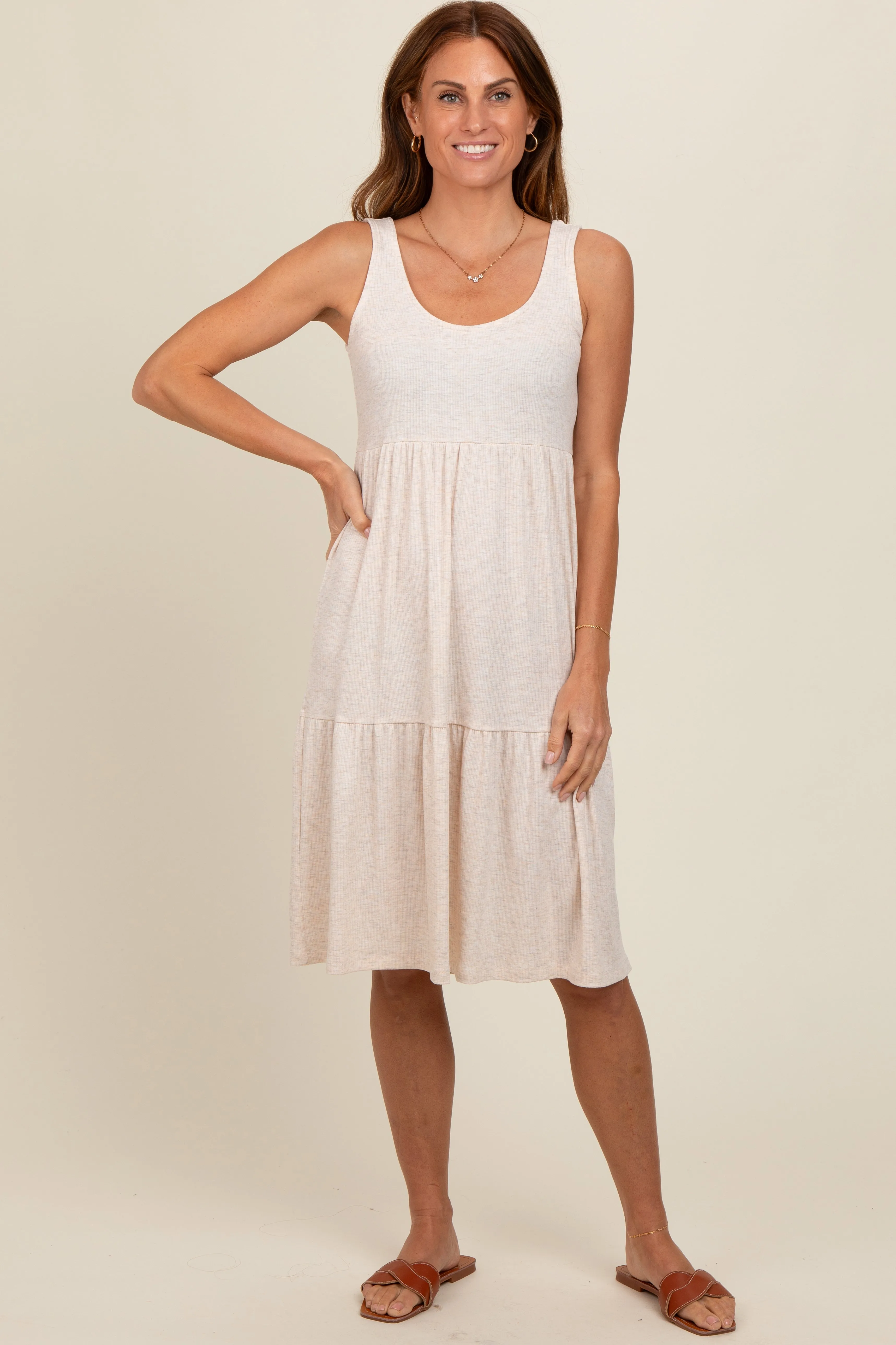 Beige Tiered Sleeveless Midi Dress sold by Pinkblush