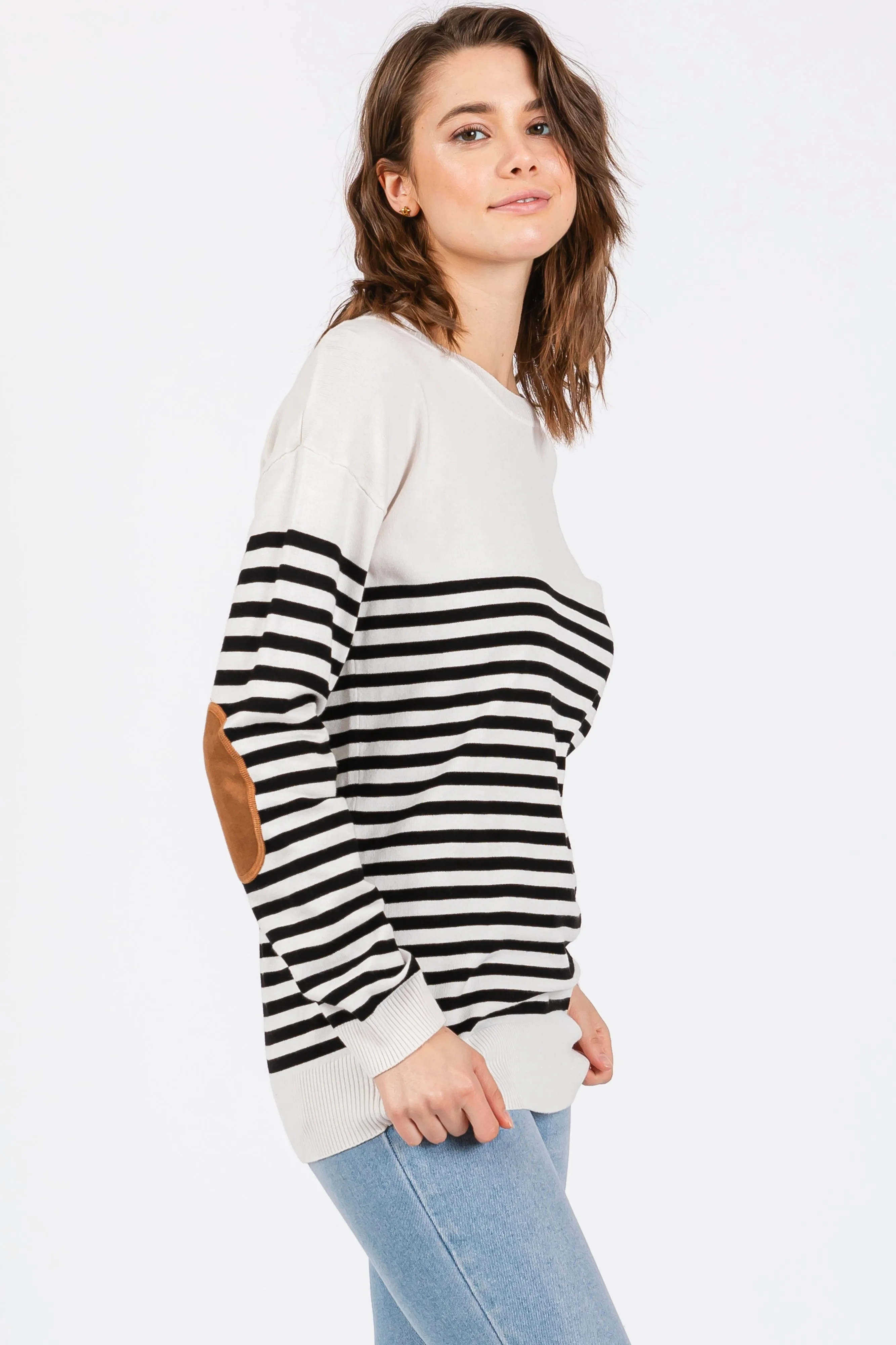 White Striped Elbow Patch Knit Sweater sold by Pinkblush product image thumbnail 2