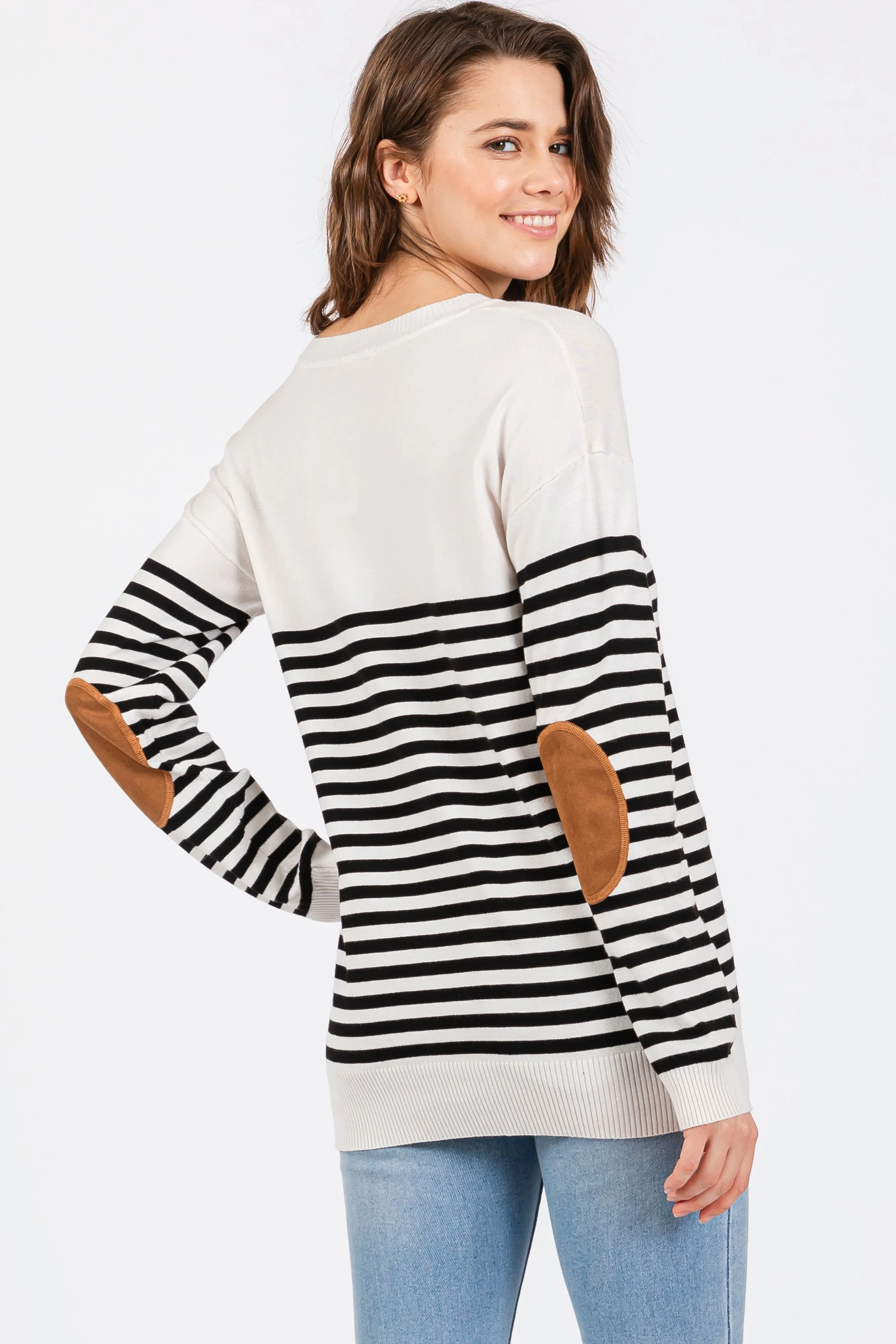 White Striped Elbow Patch Knit Sweater sold by Pinkblush product image thumbnail 3