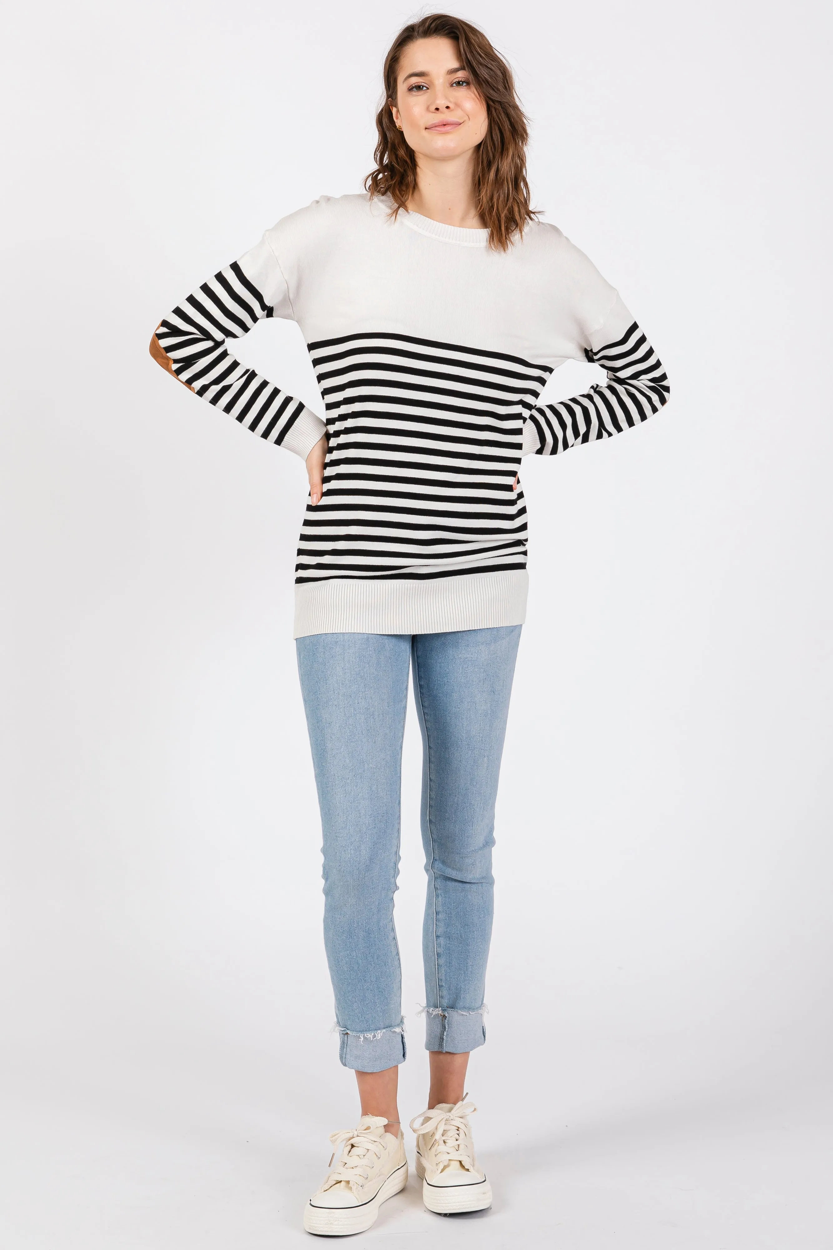 White Striped Elbow Patch Knit Sweater sold by Pinkblush product image thumbnail 4