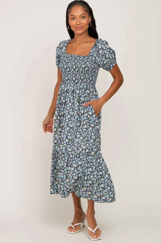 Black Floral Smocked Puff Sleeve Midi Dress sold by Pinkblush