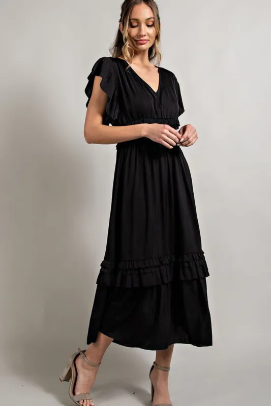 Black Ruffle Accent V-Neck Midi Dress sold by Pinkblush