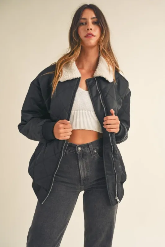 Black Quilted Sherpa Collar Jacket sold by Pinkblush