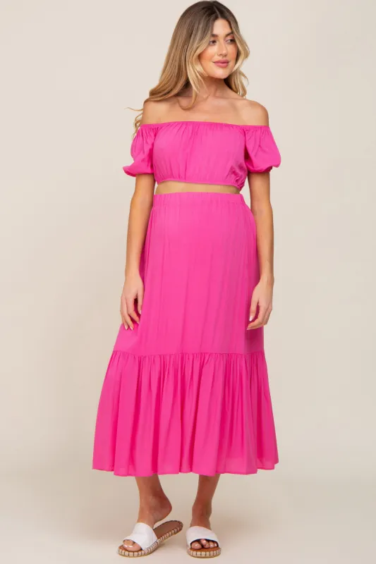 Fuchsia Crop Top and Skirt Two Piece Maternity Set sold by Pinkblush