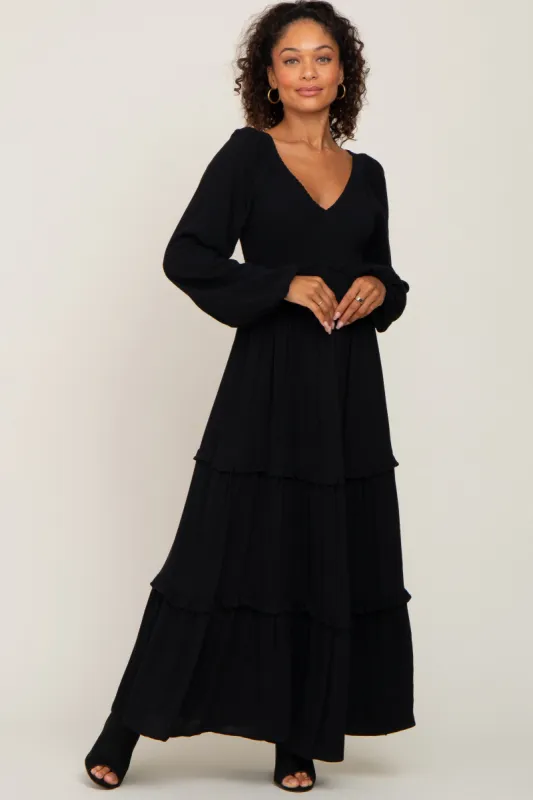 Black Smocked Tiered Midi Dress sold by Pinkblush