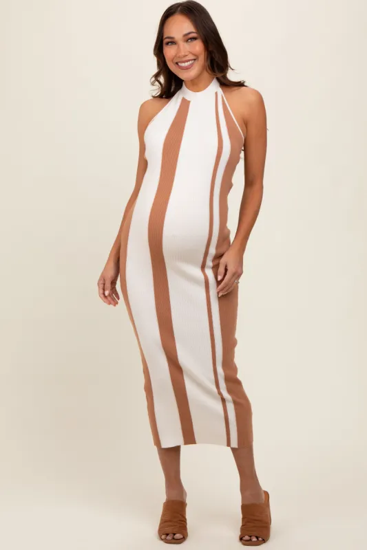 Cream Stripe Ribbed Maternity Halter Dress sold by Pinkblush