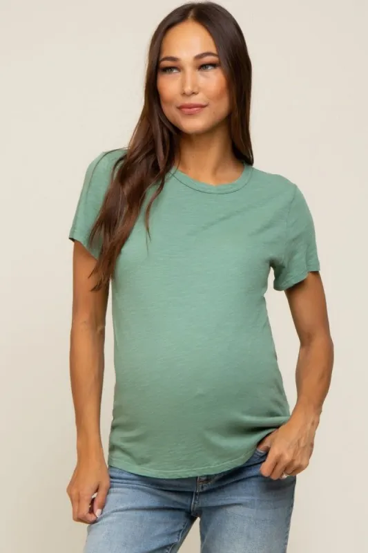 Green Slub Knit Cropped Maternity T-Shirt sold by Pinkblush