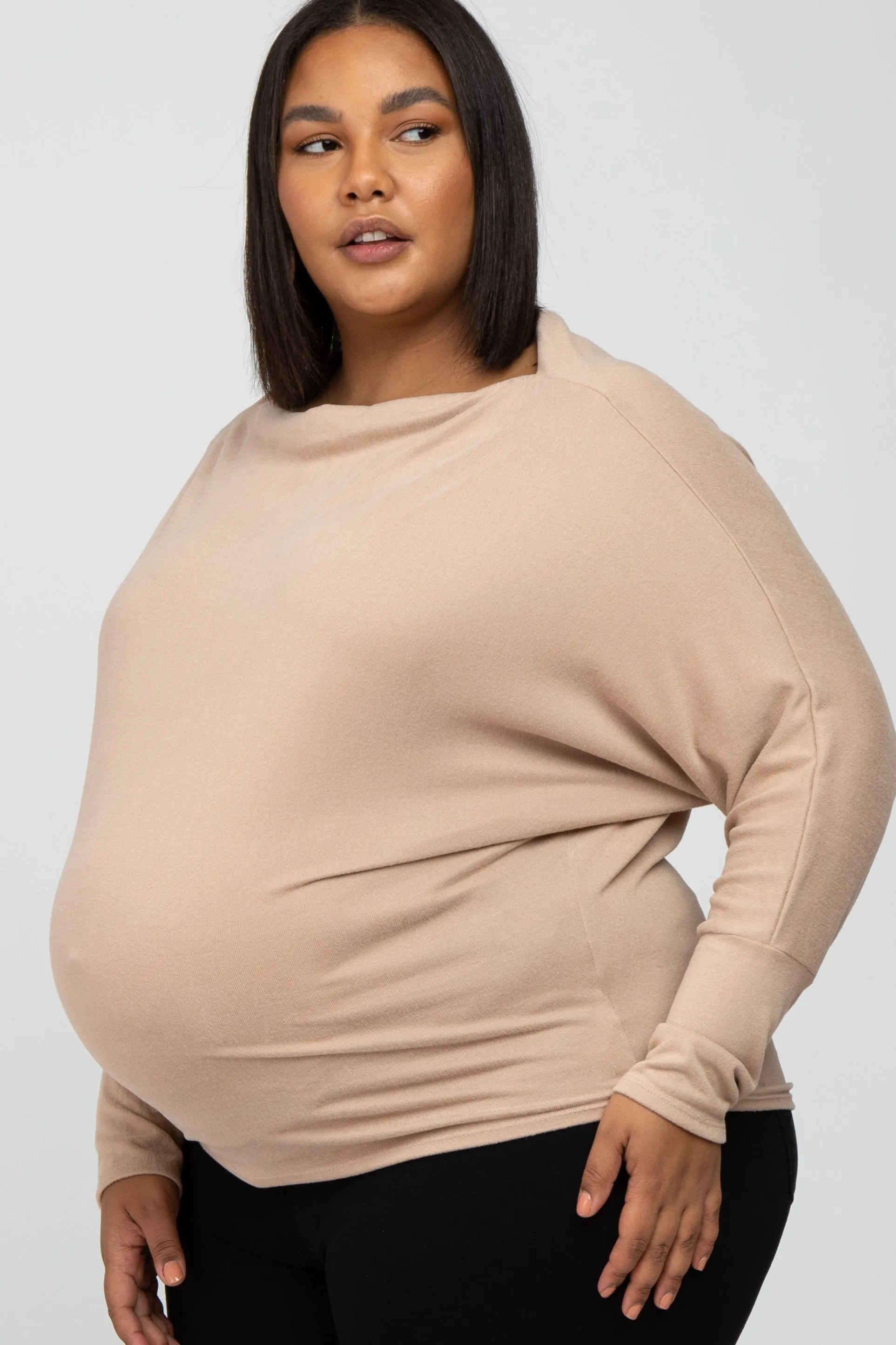 Beige Soft Knit Off Shoulder Maternity Plus Top sold by Pinkblush product image thumbnail 3
