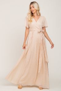Cream Metallic Shimmer Chiffon Maternity Maxi Dress sold by Pinkblush