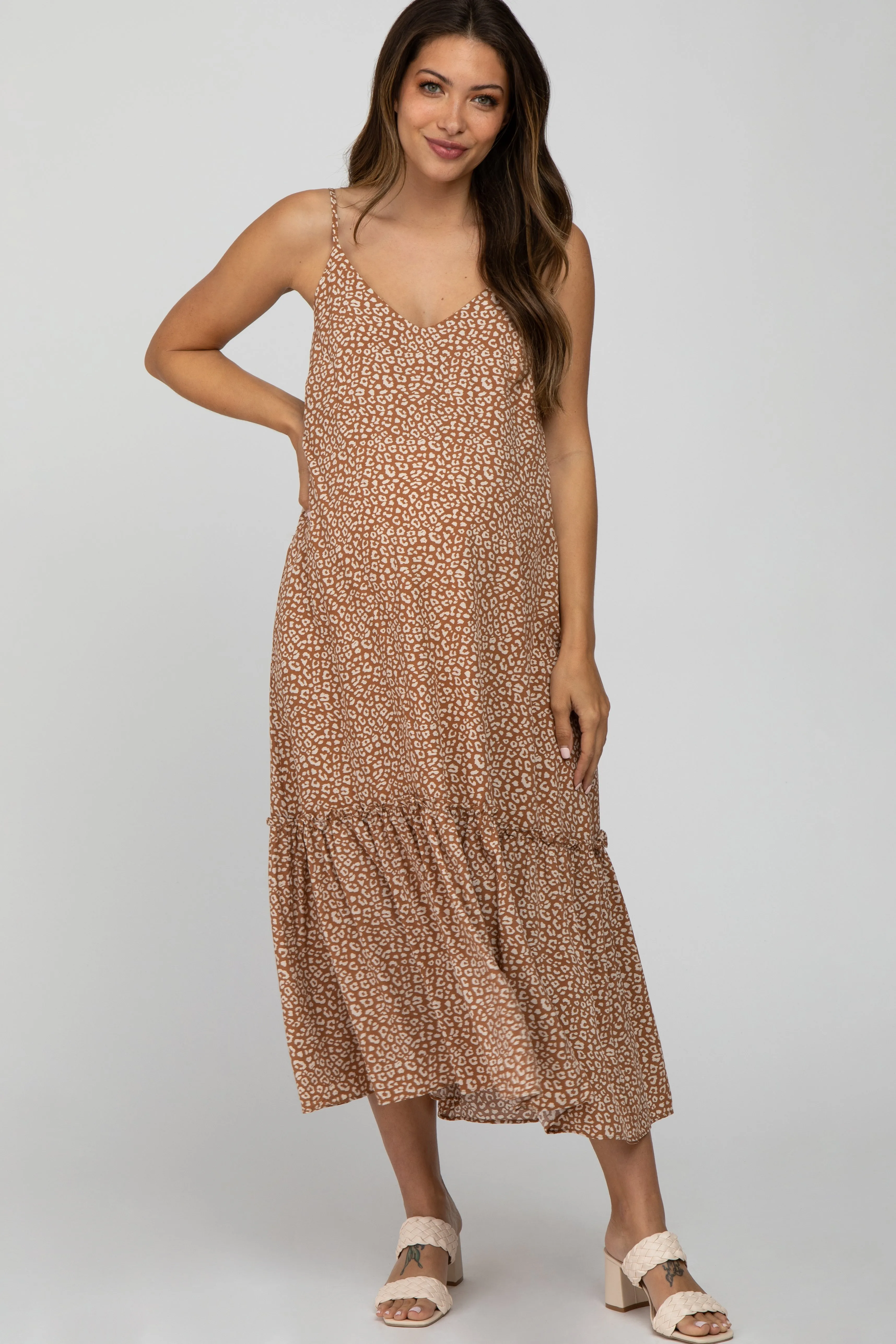 Camel Animal Print Ruffle Hem Maternity Midi Dress sold by Pinkblush